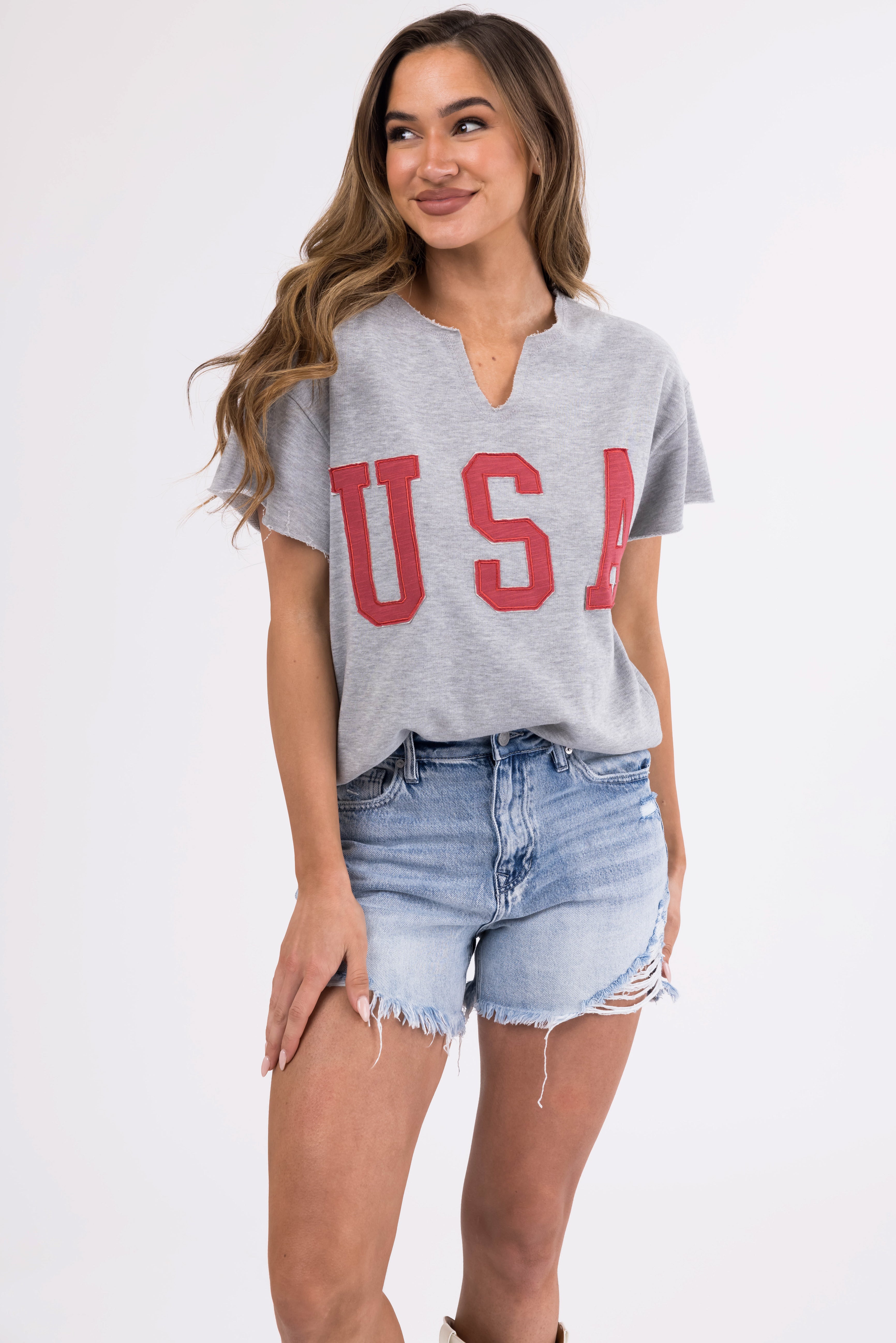 Heathered Grey Split Neck 'USA' Graphic Sweatshirt-Newayad