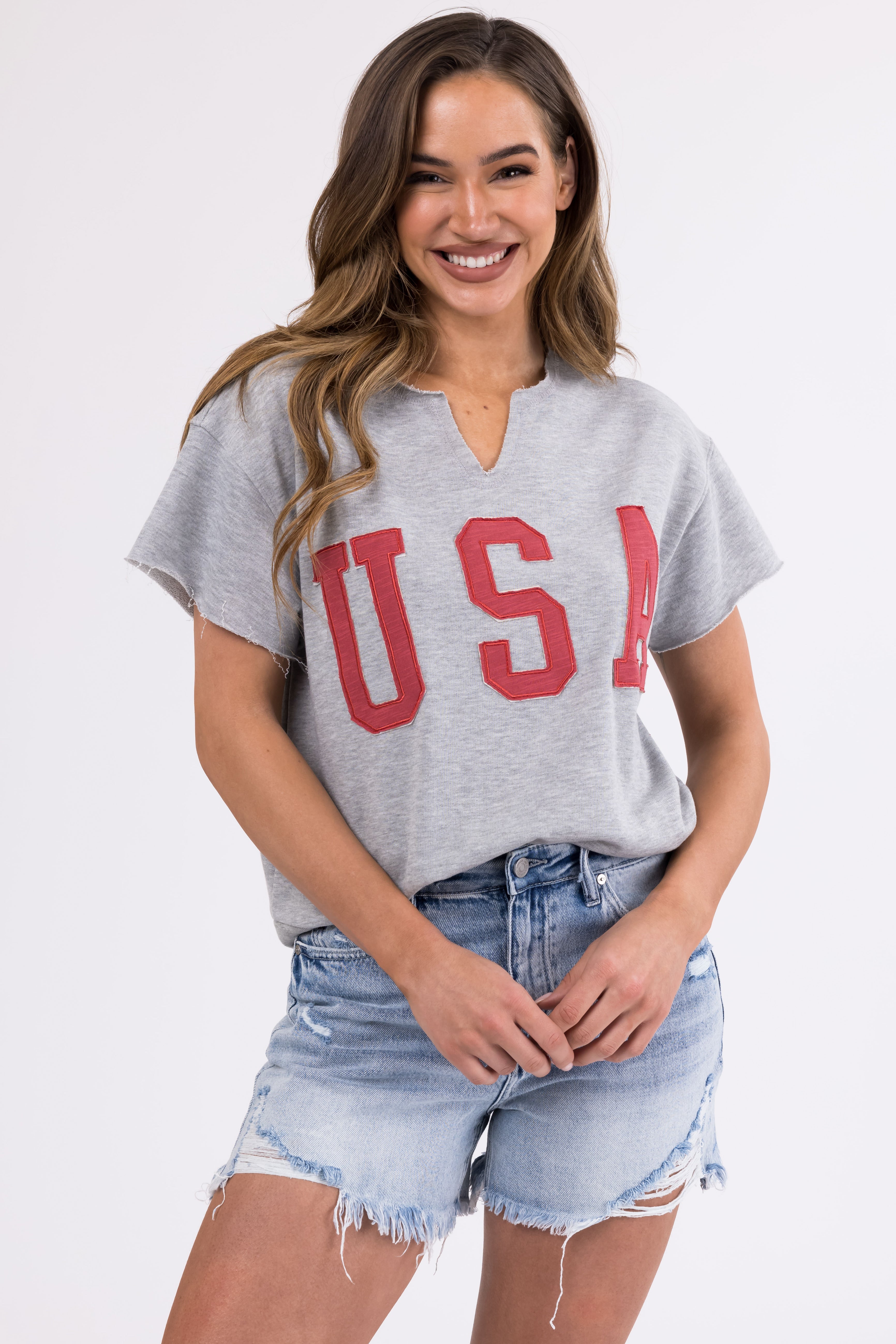 Heathered Grey Split Neck 'USA' Graphic Sweatshirt-Newayad