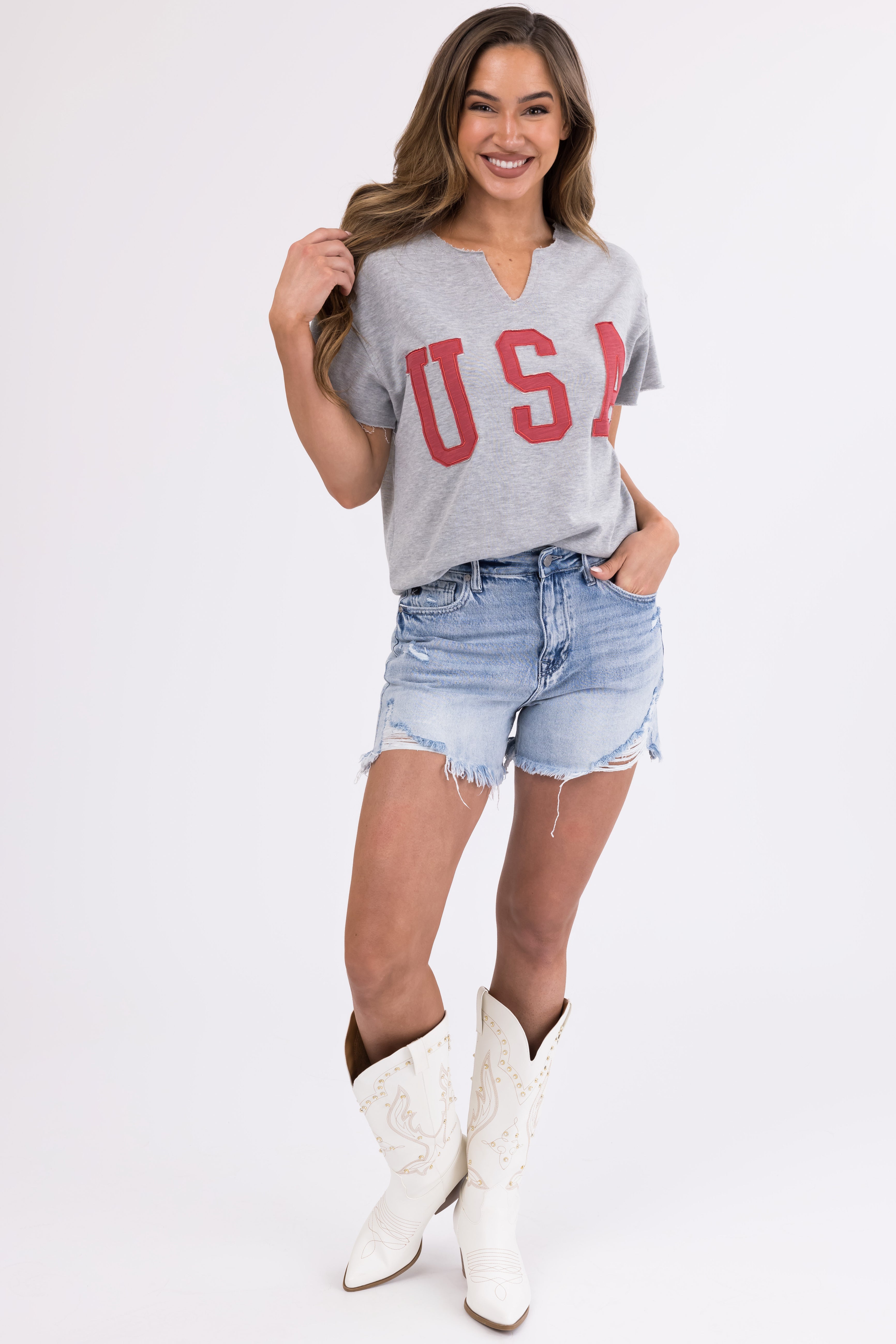 Heathered Grey Split Neck 'USA' Graphic Sweatshirt-Newayad