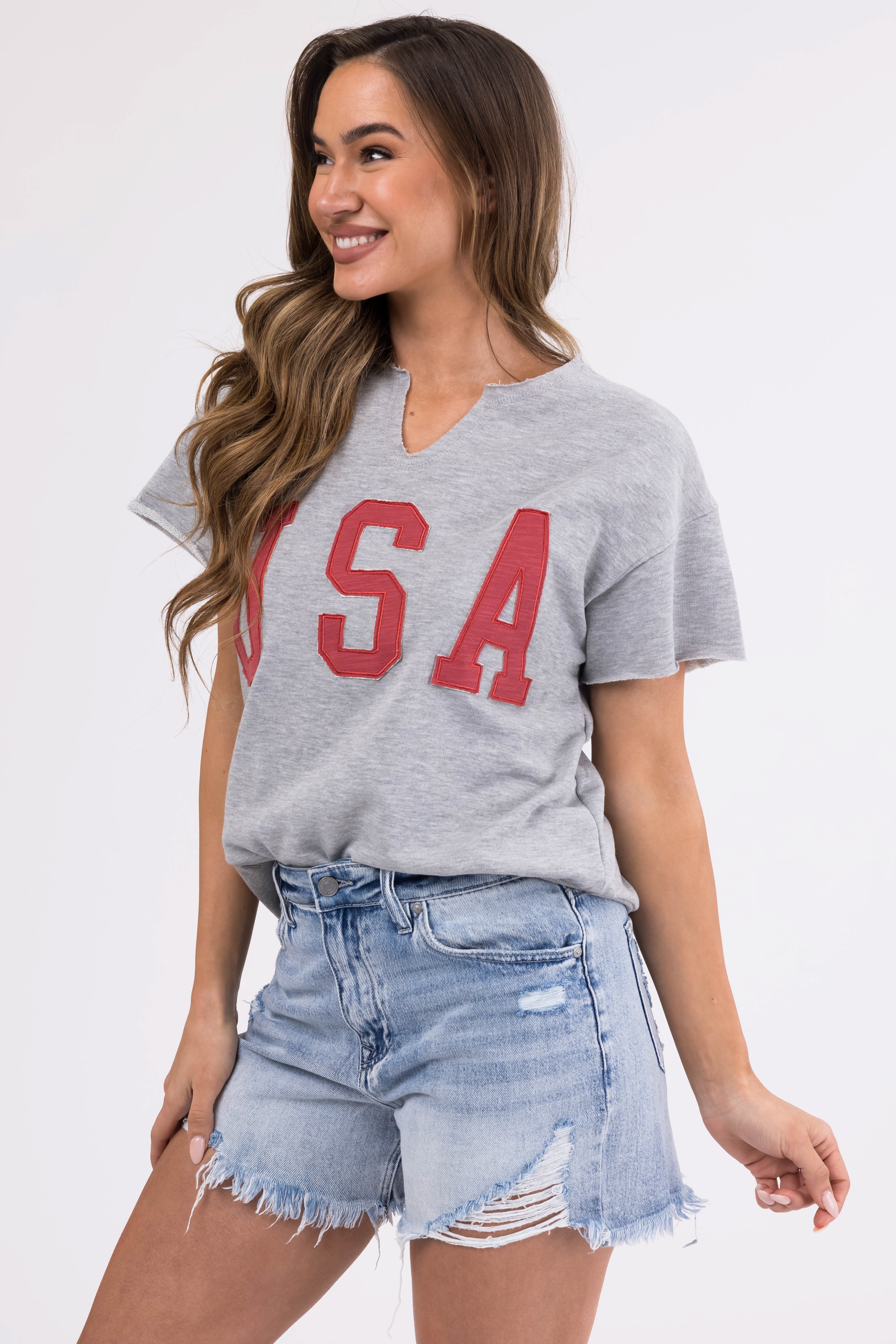 Heathered Grey Split Neck 'USA' Graphic Sweatshirt-Newayad