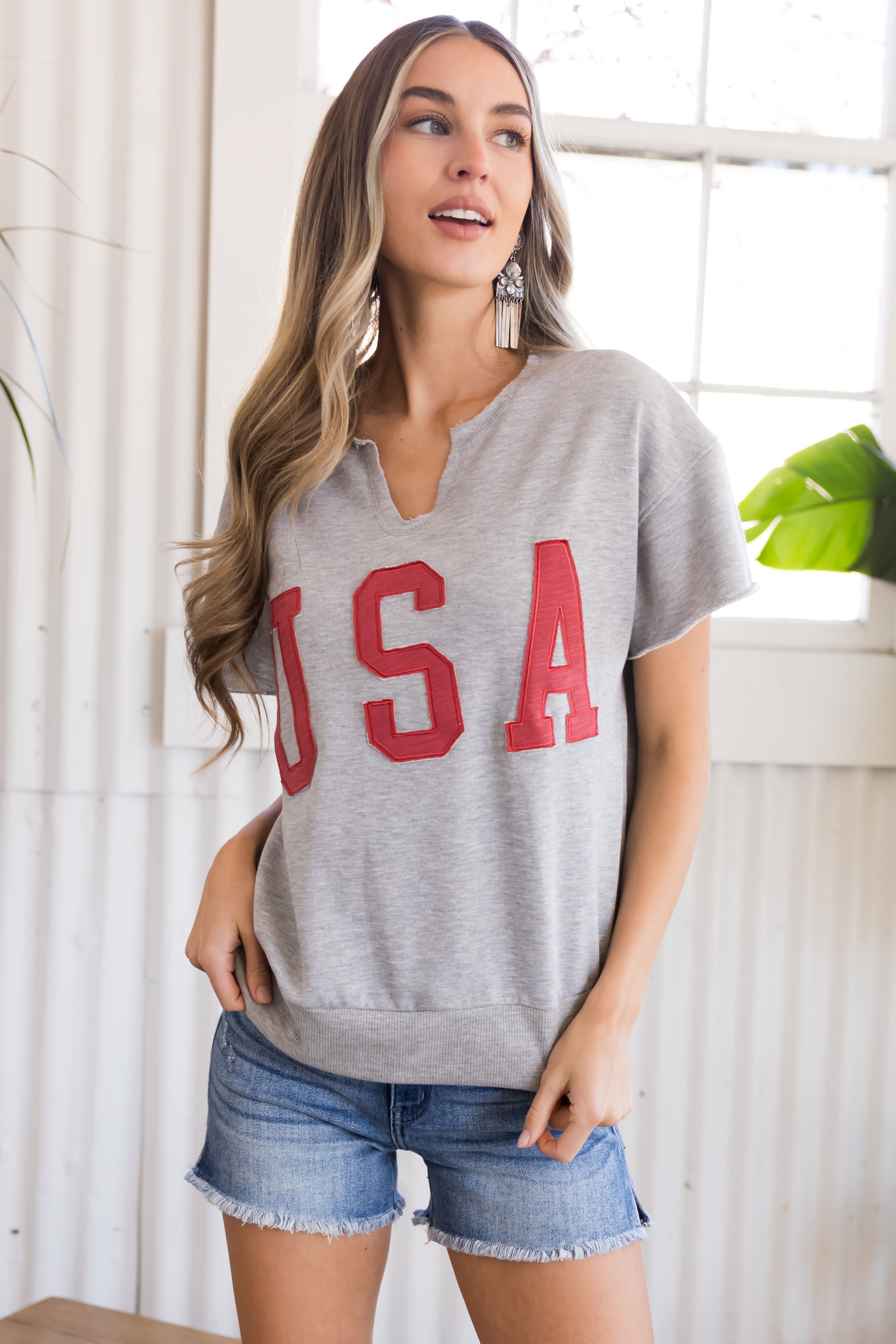 Heathered Grey Split Neck 'USA' Graphic Sweatshirt-Newayad
