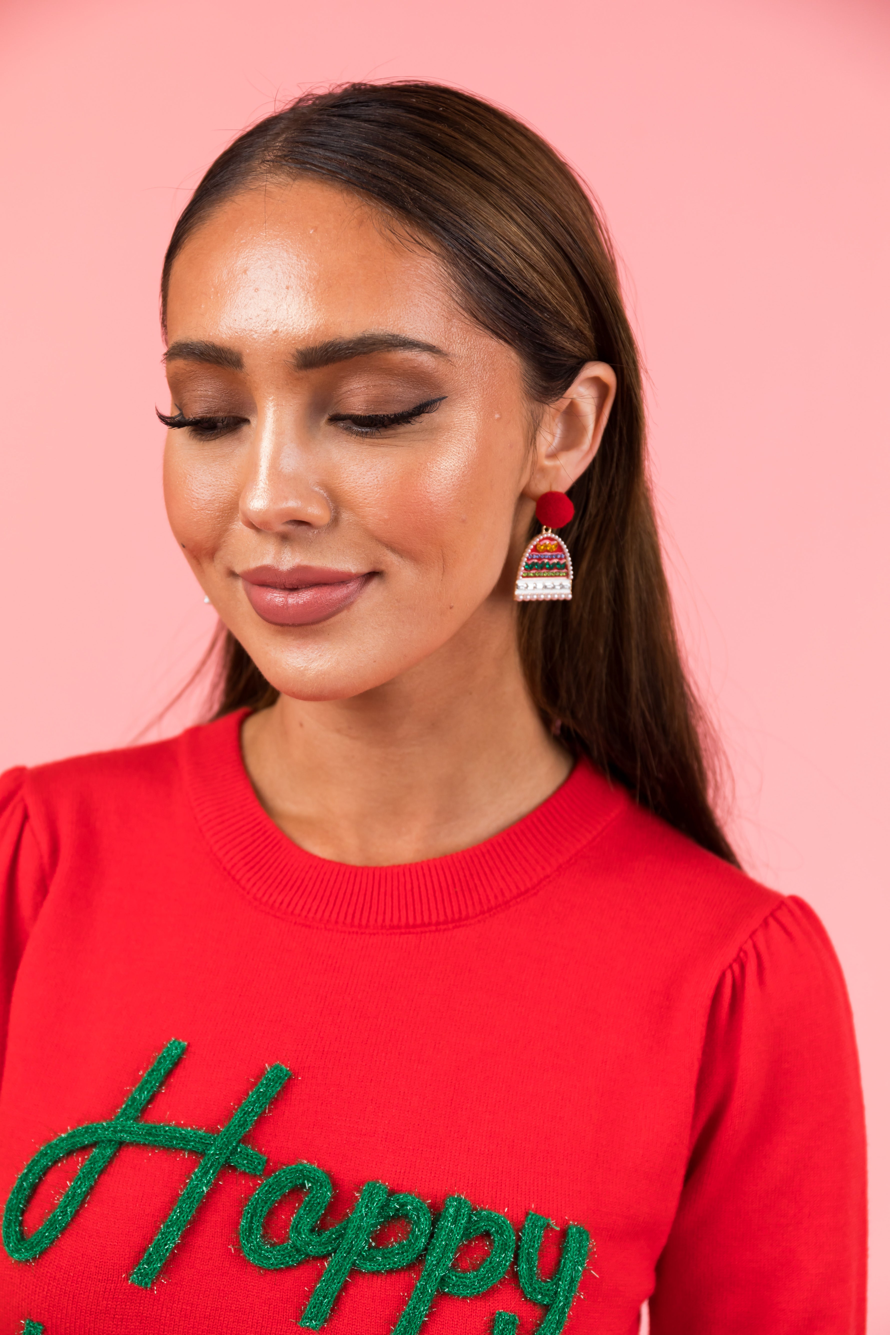 Holiday Red Embellished Beanie Drop Earrings-Newayad