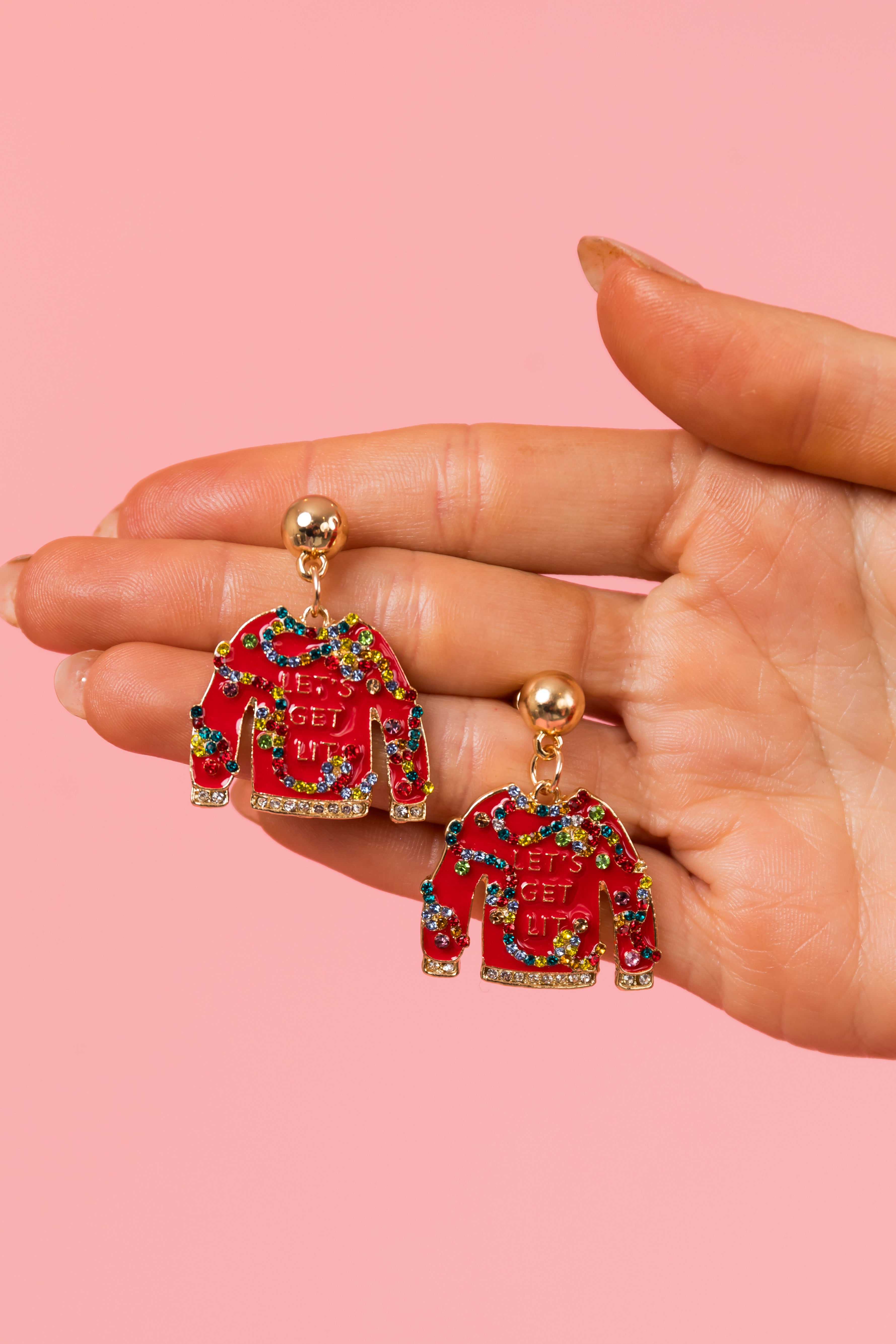 Holiday Red Embellished Sweater Drop Earrings-Newayad