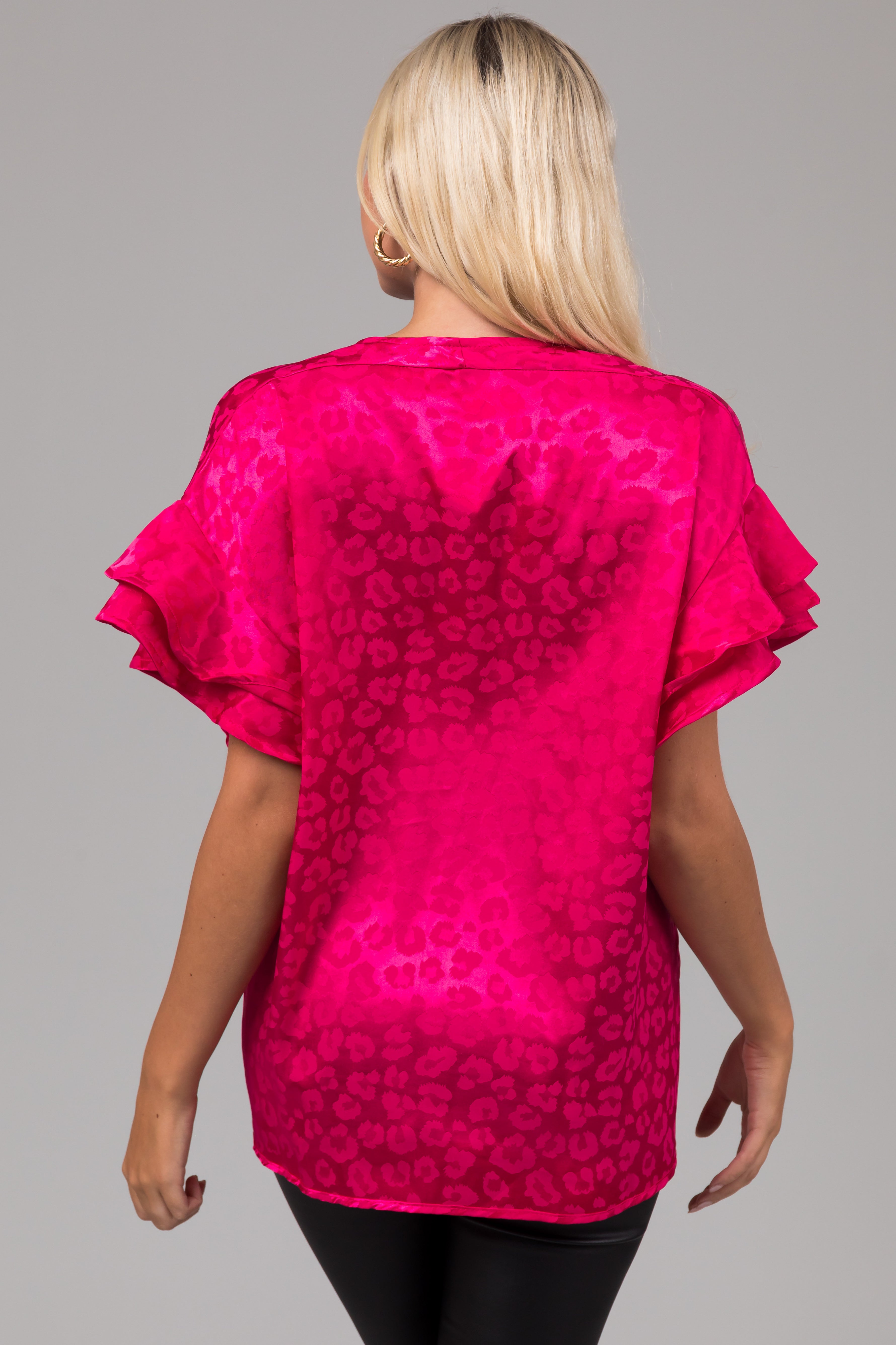 Hot Pink Animal Print Short Ruffle Sleeve Top-Newayad