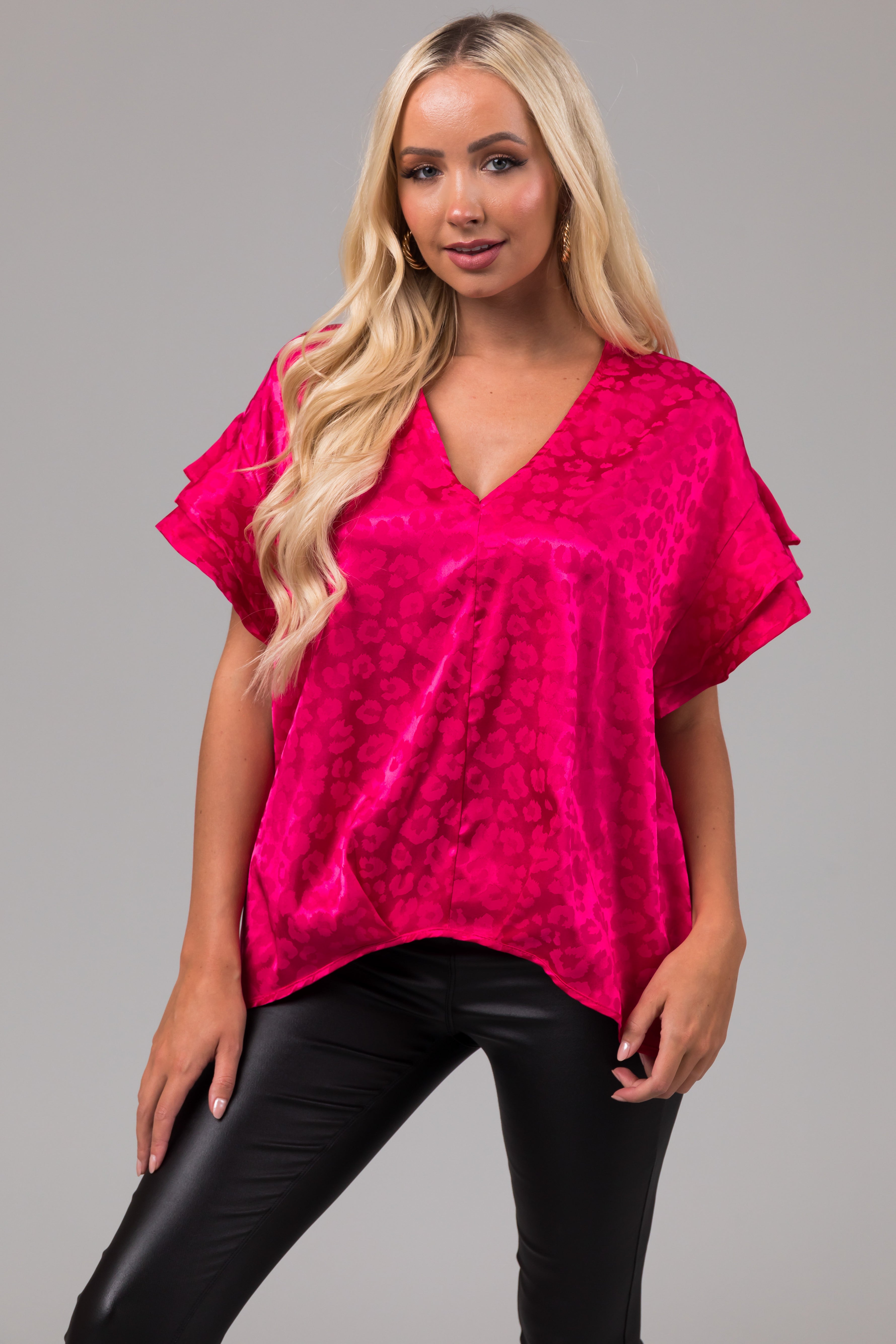 Hot Pink Animal Print Short Ruffle Sleeve Top-Newayad