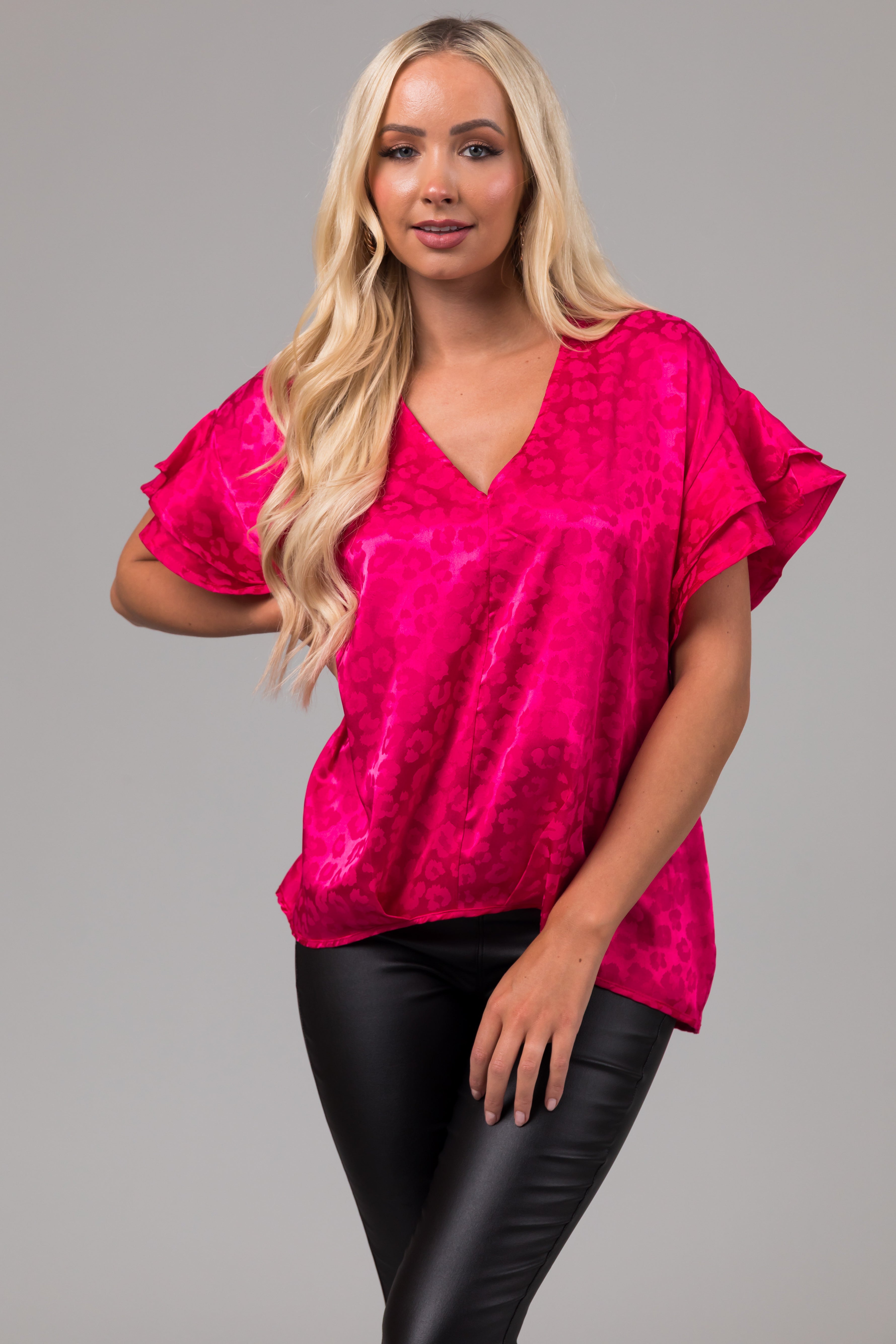 Hot Pink Animal Print Short Ruffle Sleeve Top-Newayad