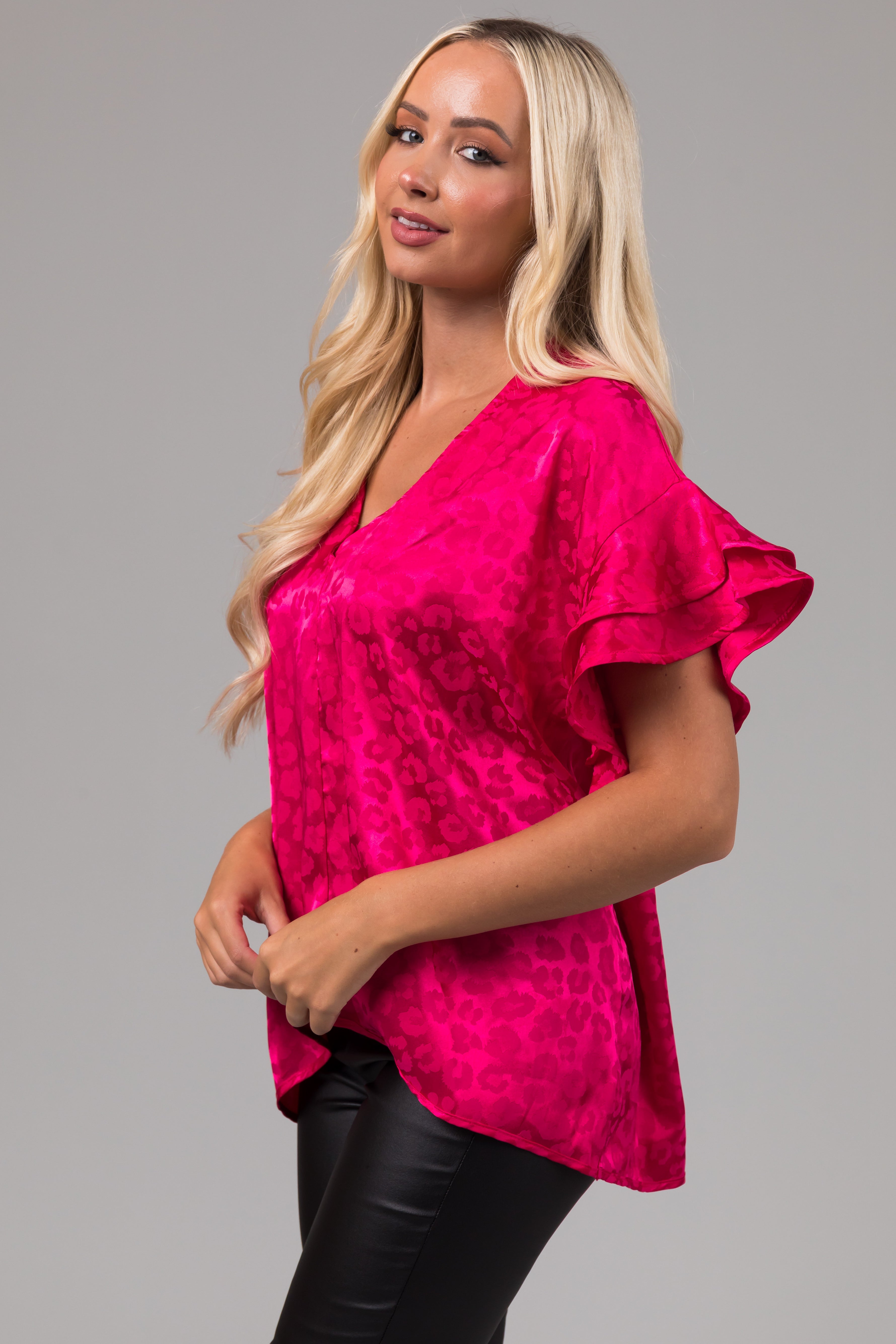 Hot Pink Animal Print Short Ruffle Sleeve Top-Newayad