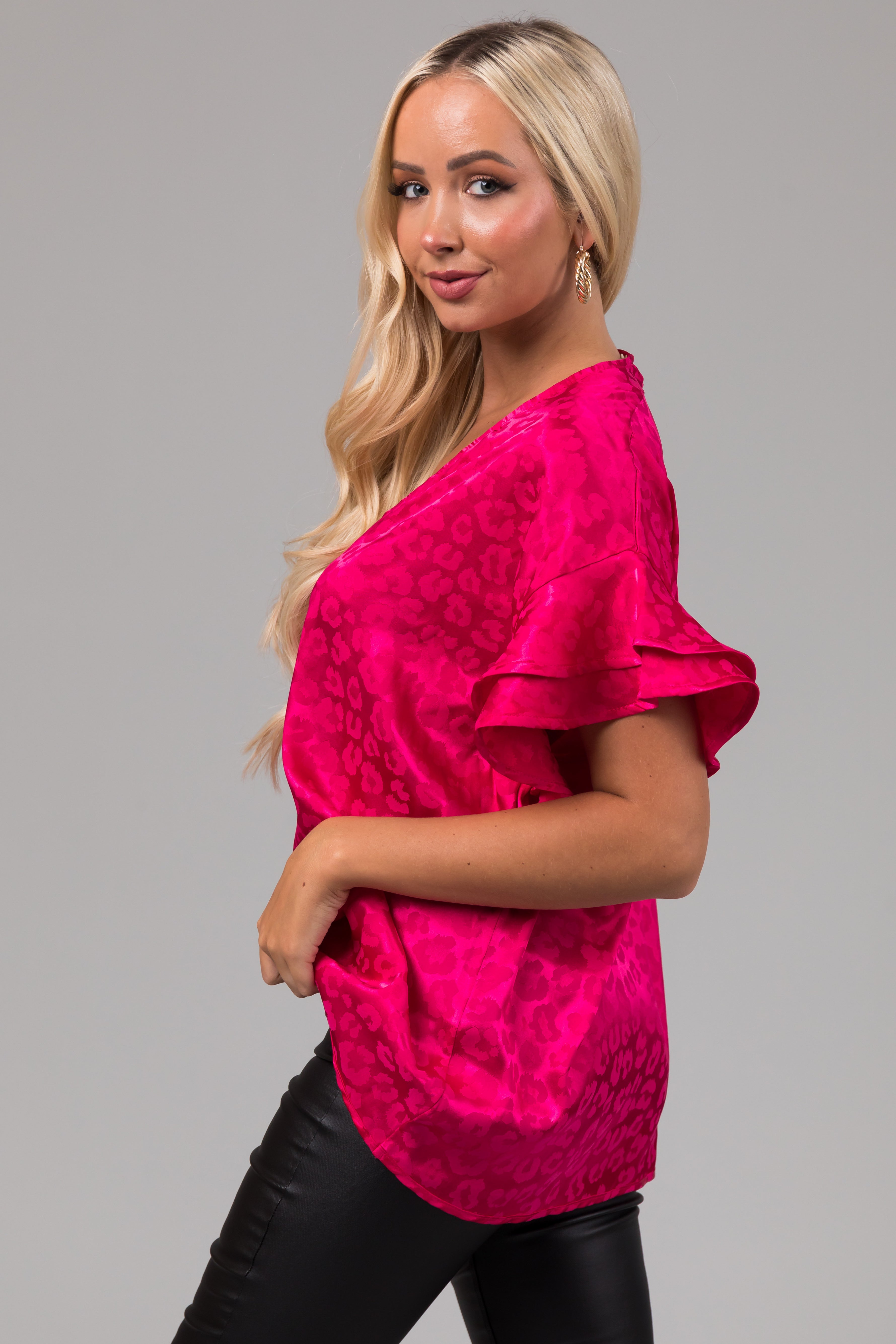 Hot Pink Animal Print Short Ruffle Sleeve Top-Newayad