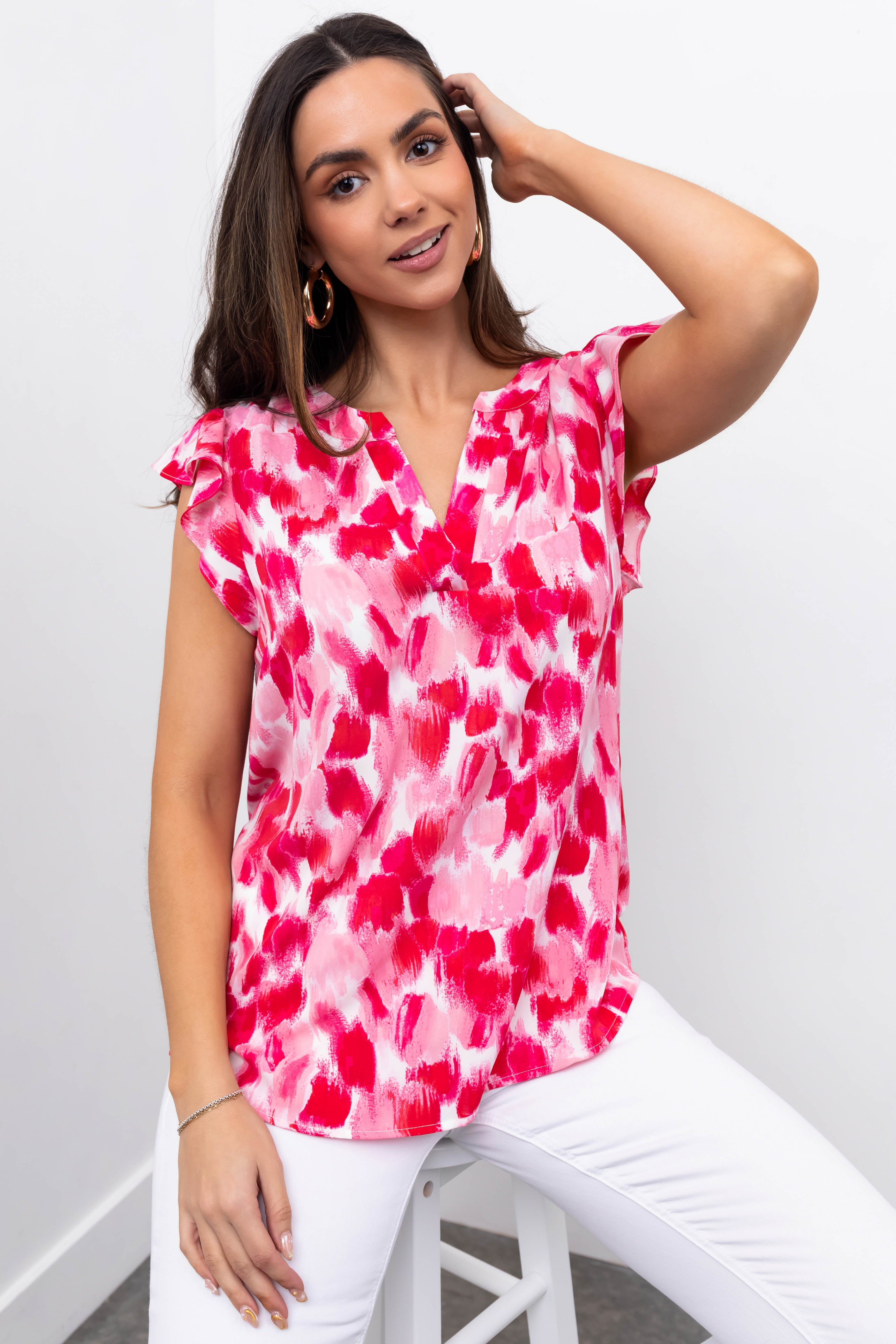 Hot Pink Brush Stroke Notch Neck Ruffle Sleeve Top-Newayad