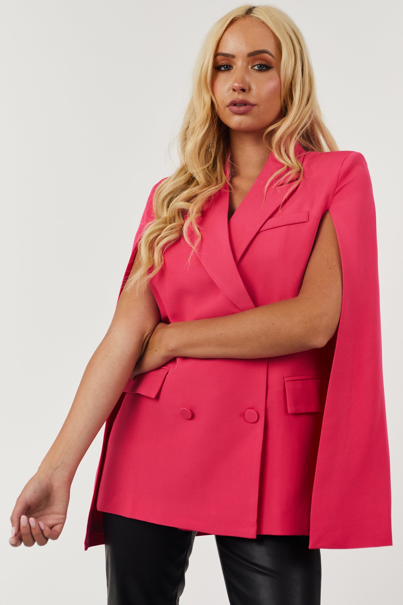Hot Pink Double Button Cape Blazer-Newayad