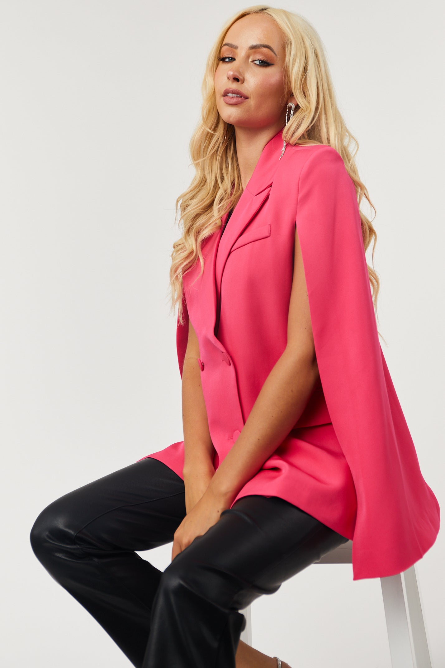 Hot Pink Double Button Cape Blazer-Newayad