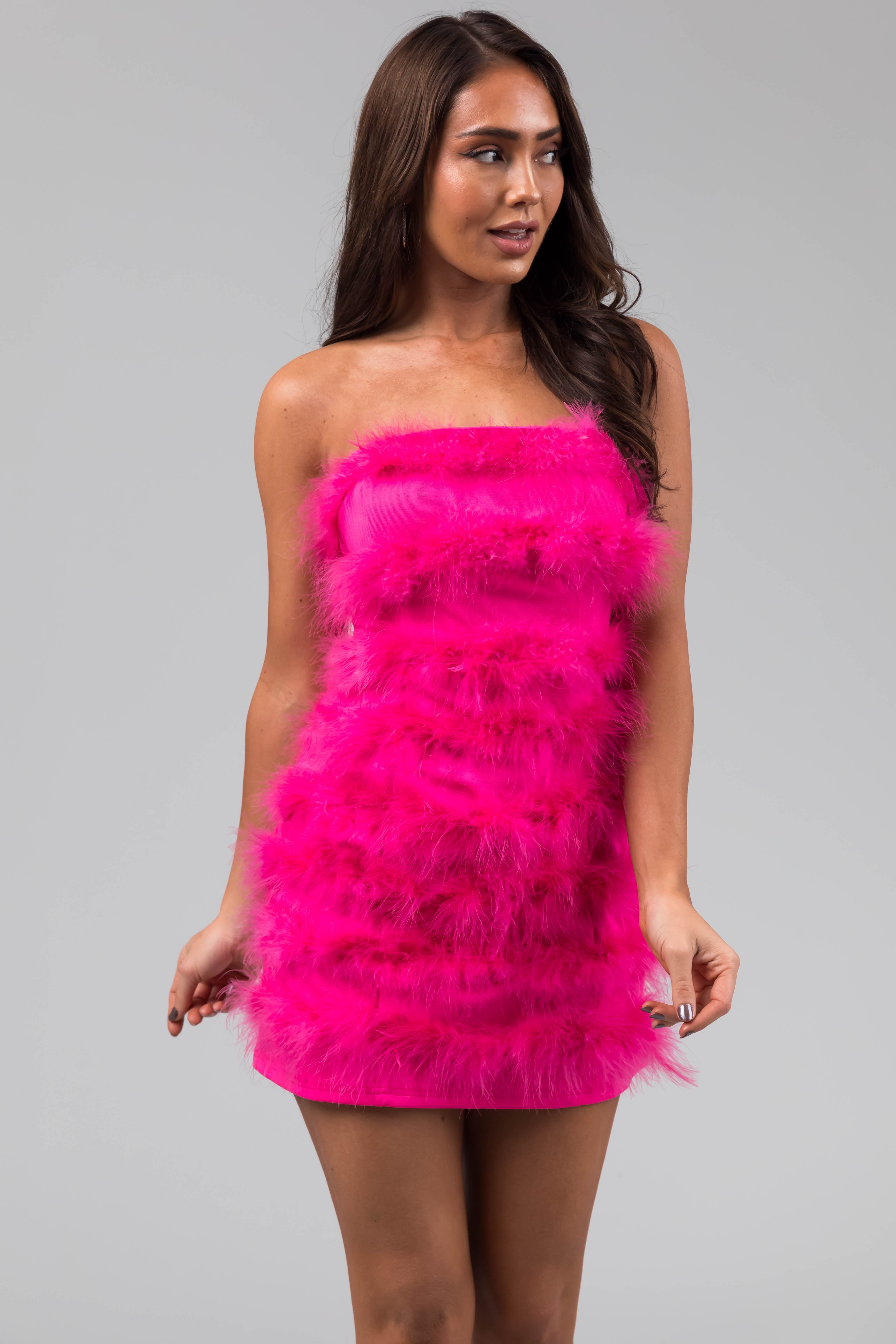 Hot Pink Faux Fur Strapless Mini Dress-Newayad