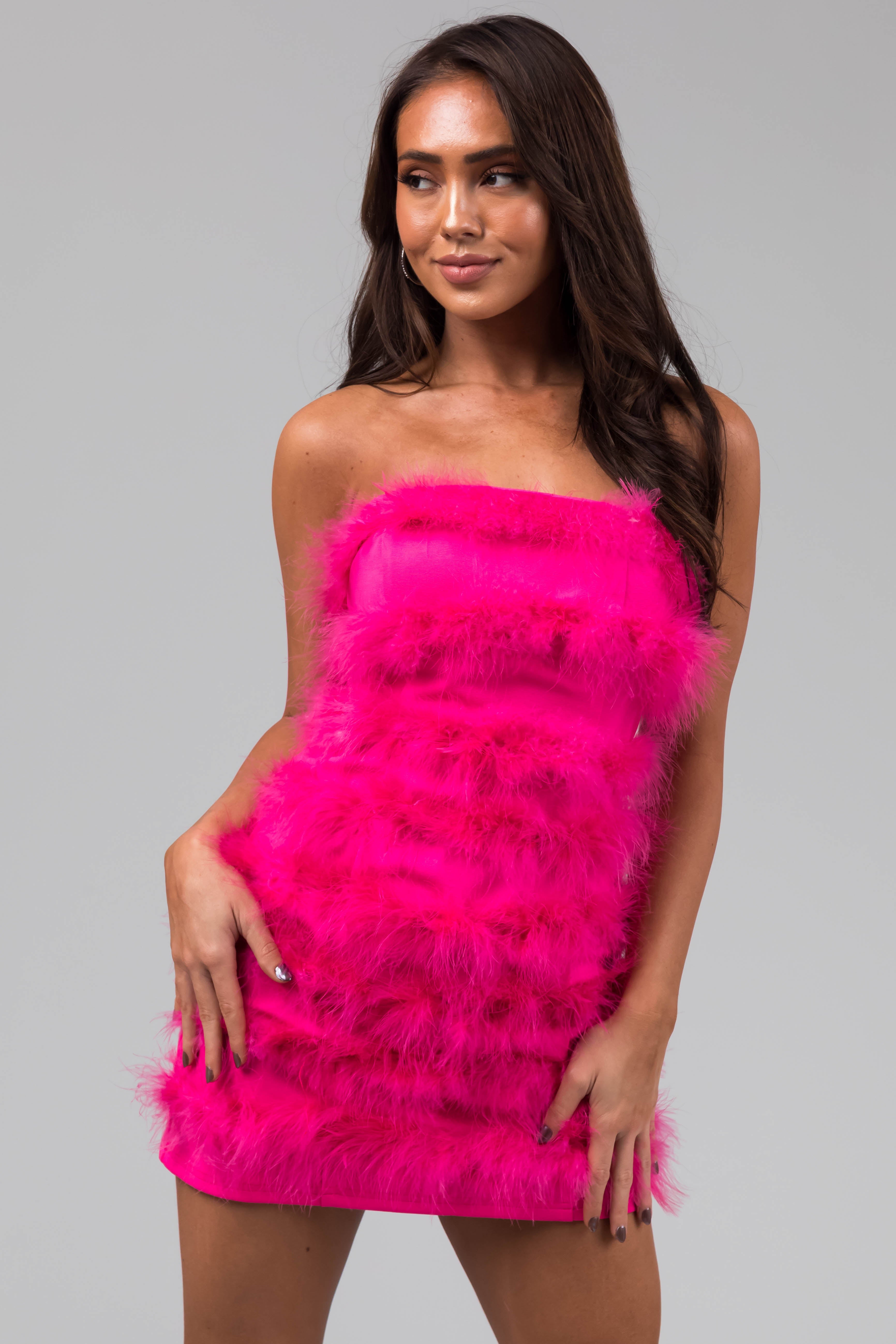 Hot Pink Faux Fur Strapless Mini Dress-Newayad