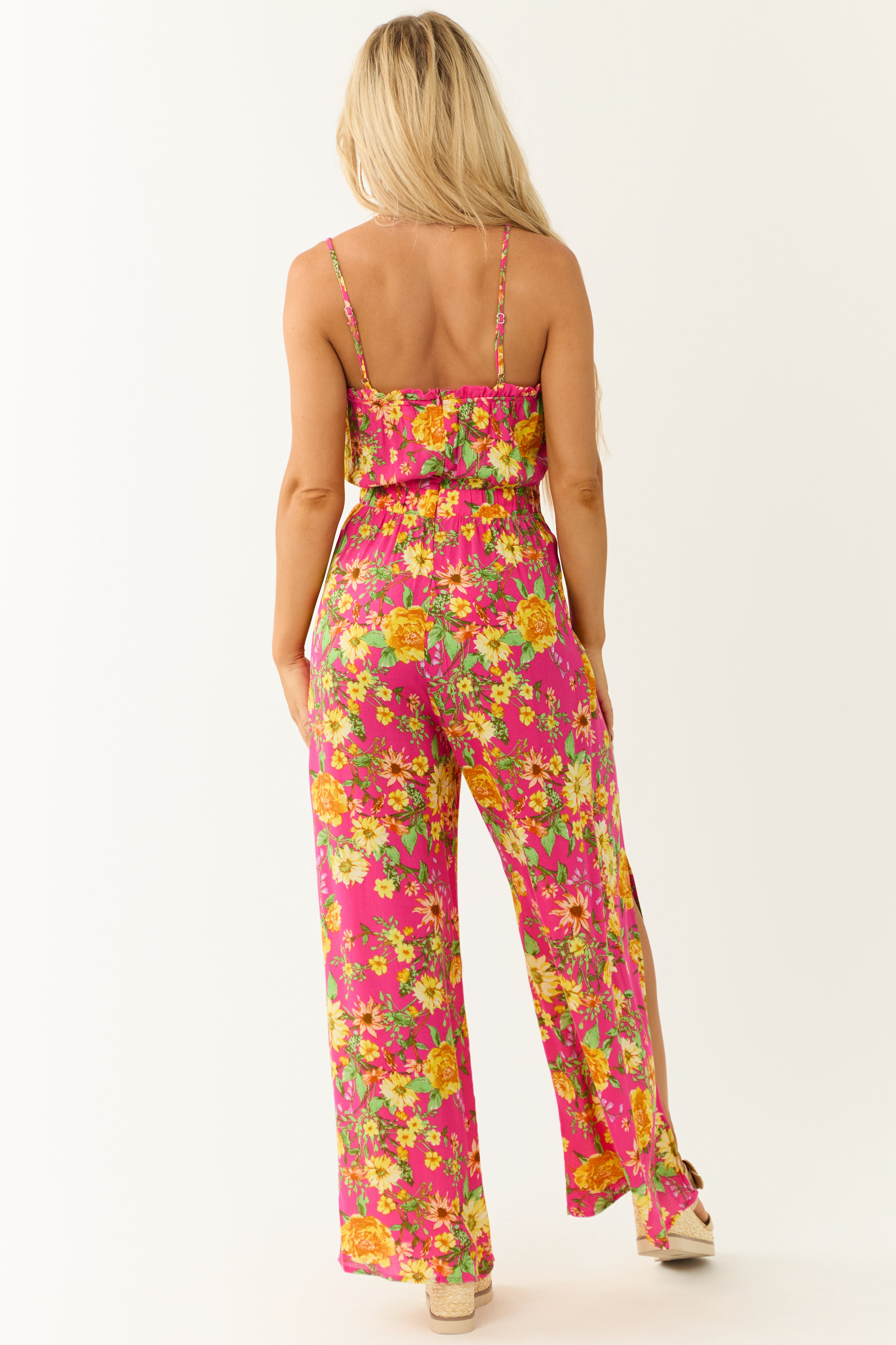Hot Pink Floral Print Sleeveless Palazzo Jumpsuit-Newayad