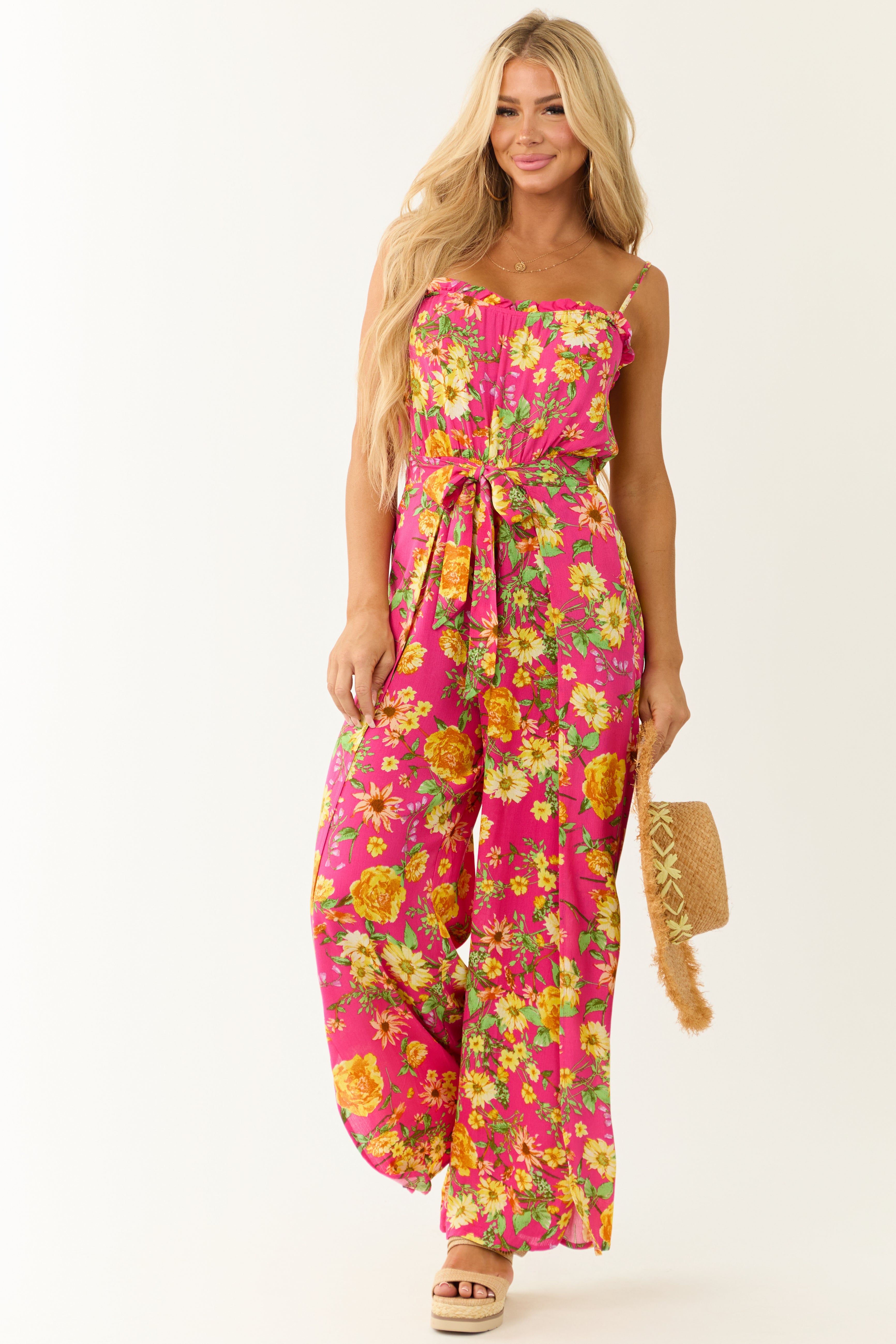 Hot Pink Floral Print Sleeveless Palazzo Jumpsuit-Newayad