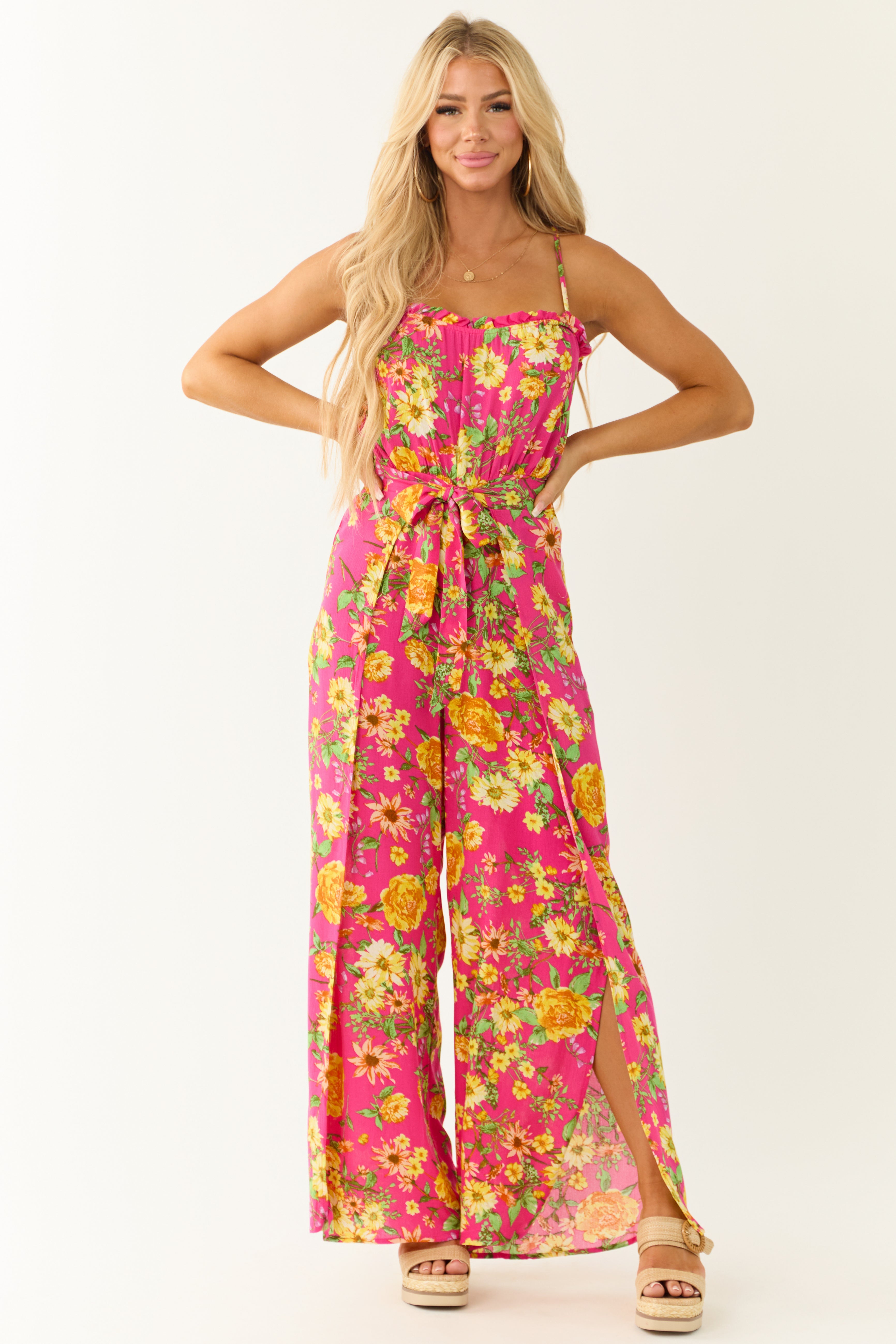 Hot Pink Floral Print Sleeveless Palazzo Jumpsuit-Newayad
