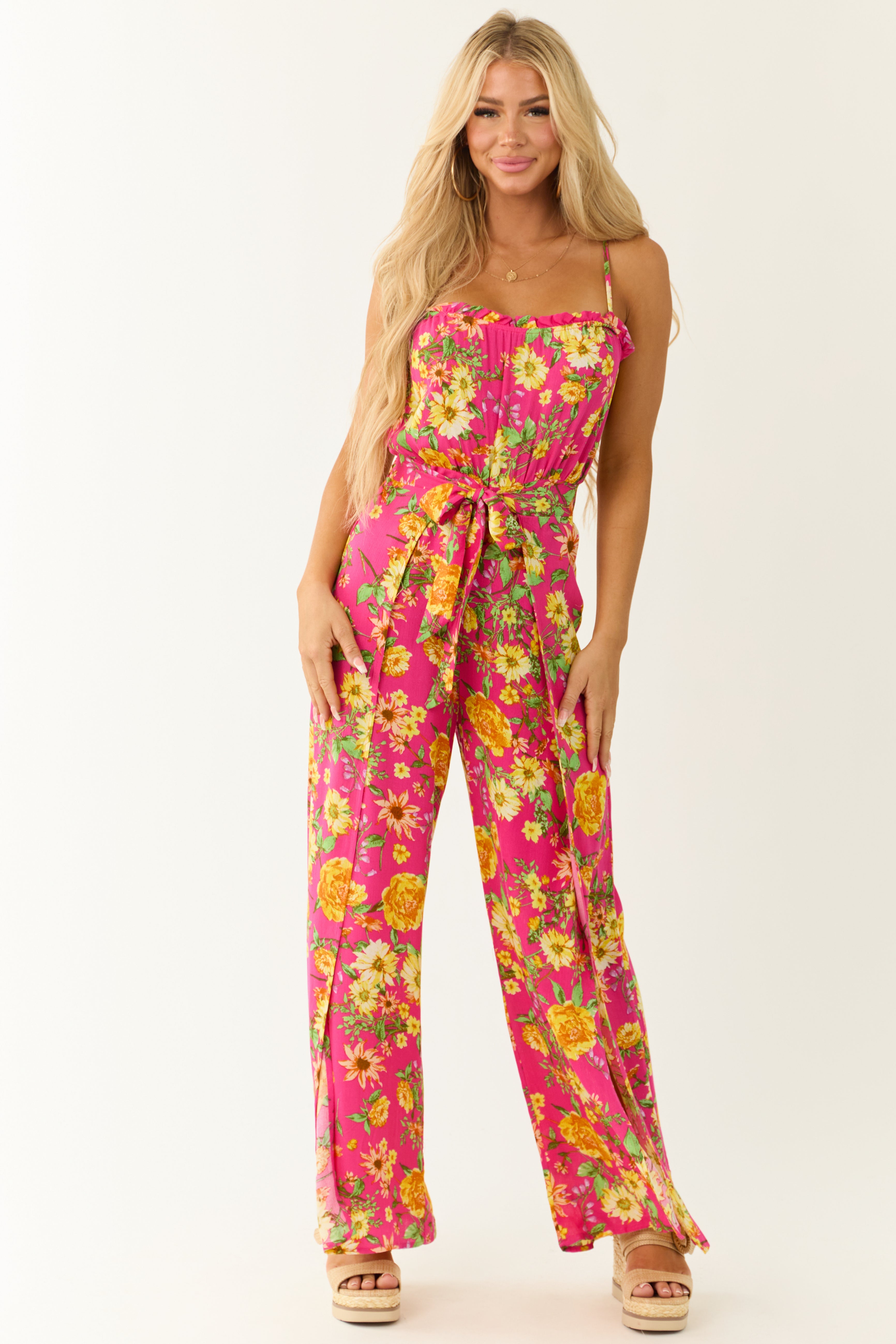 Hot Pink Floral Print Sleeveless Palazzo Jumpsuit-Newayad