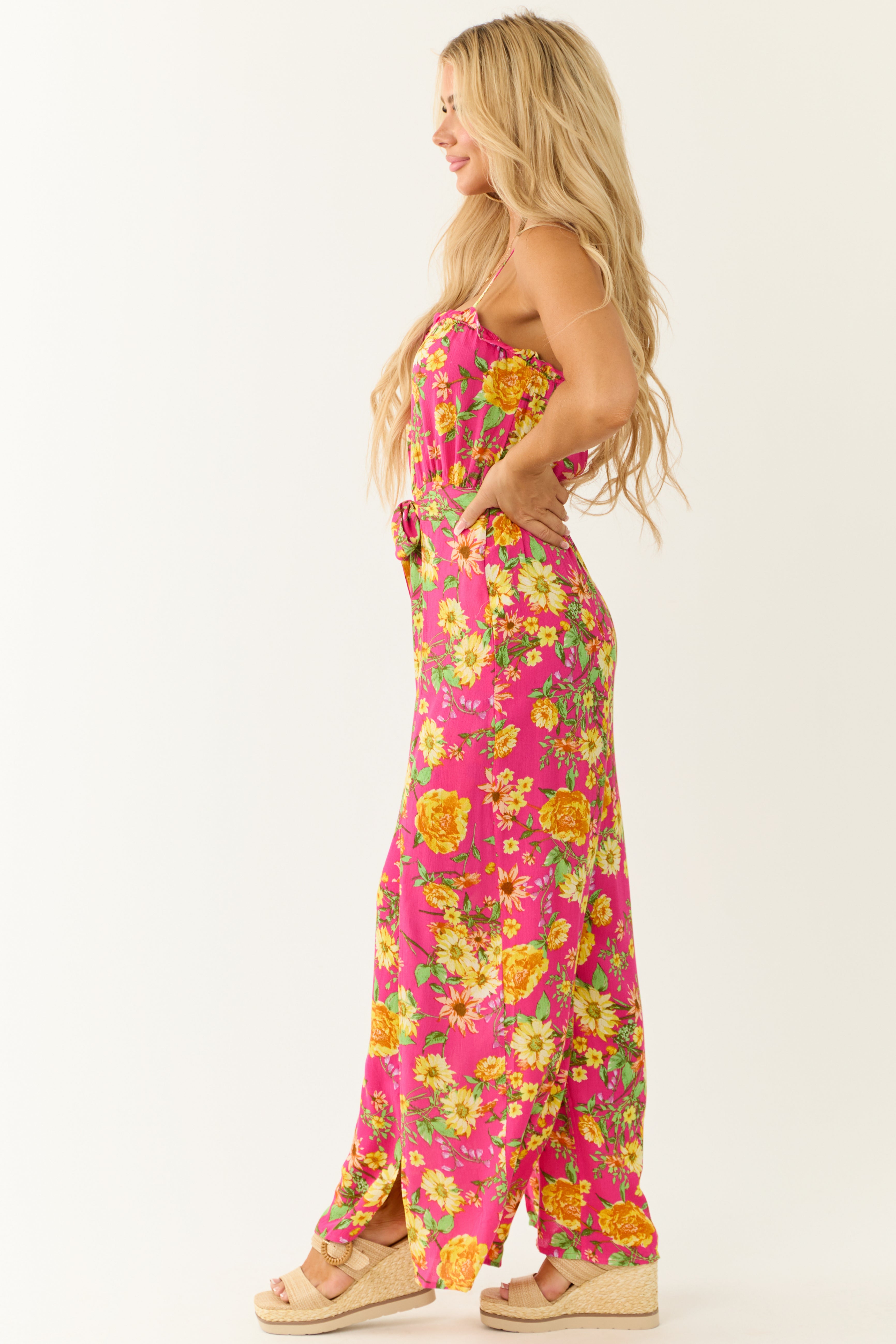 Hot Pink Floral Print Sleeveless Palazzo Jumpsuit-Newayad