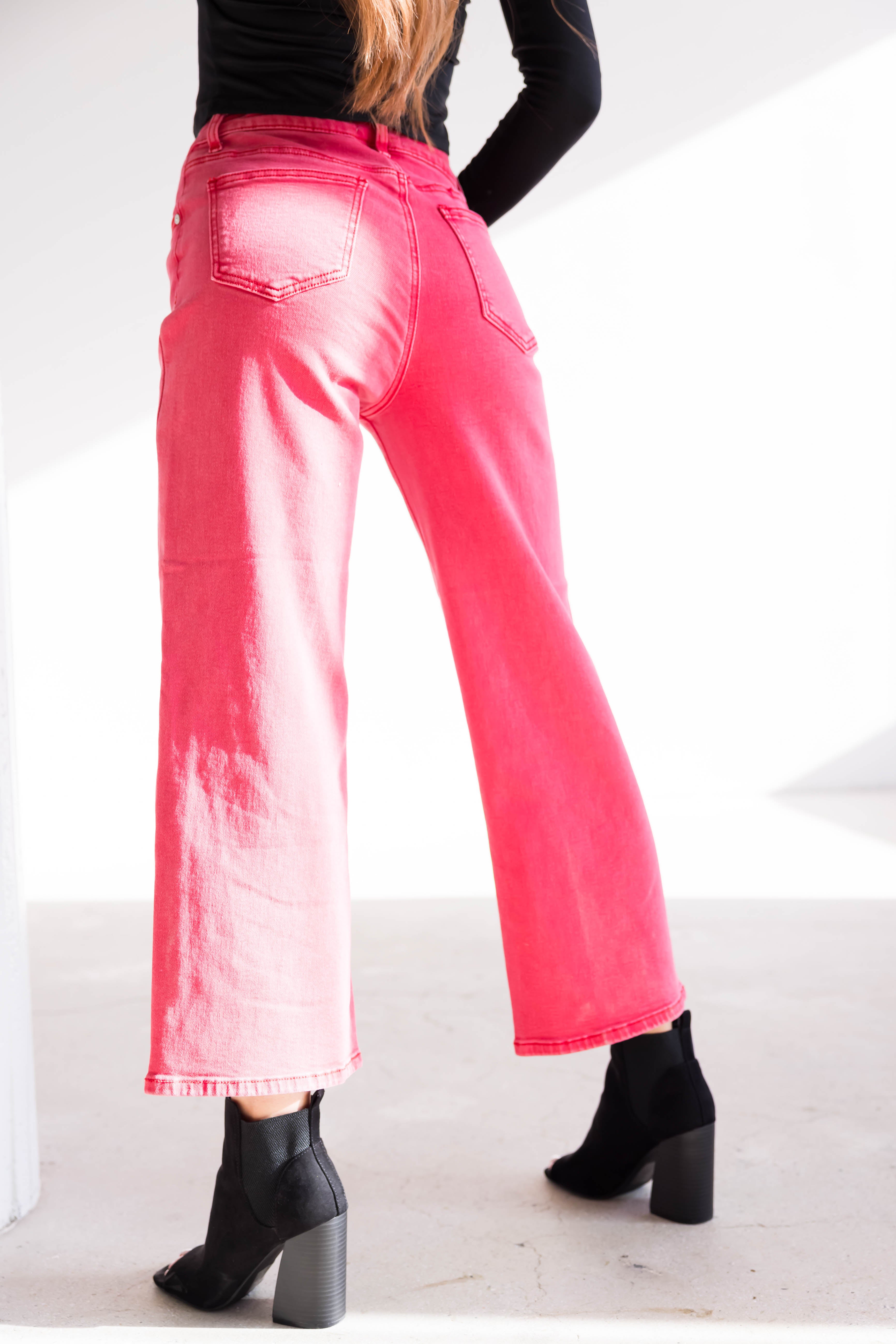 Hot Pink High Rise Super Wide Leg Jeans-Newayad