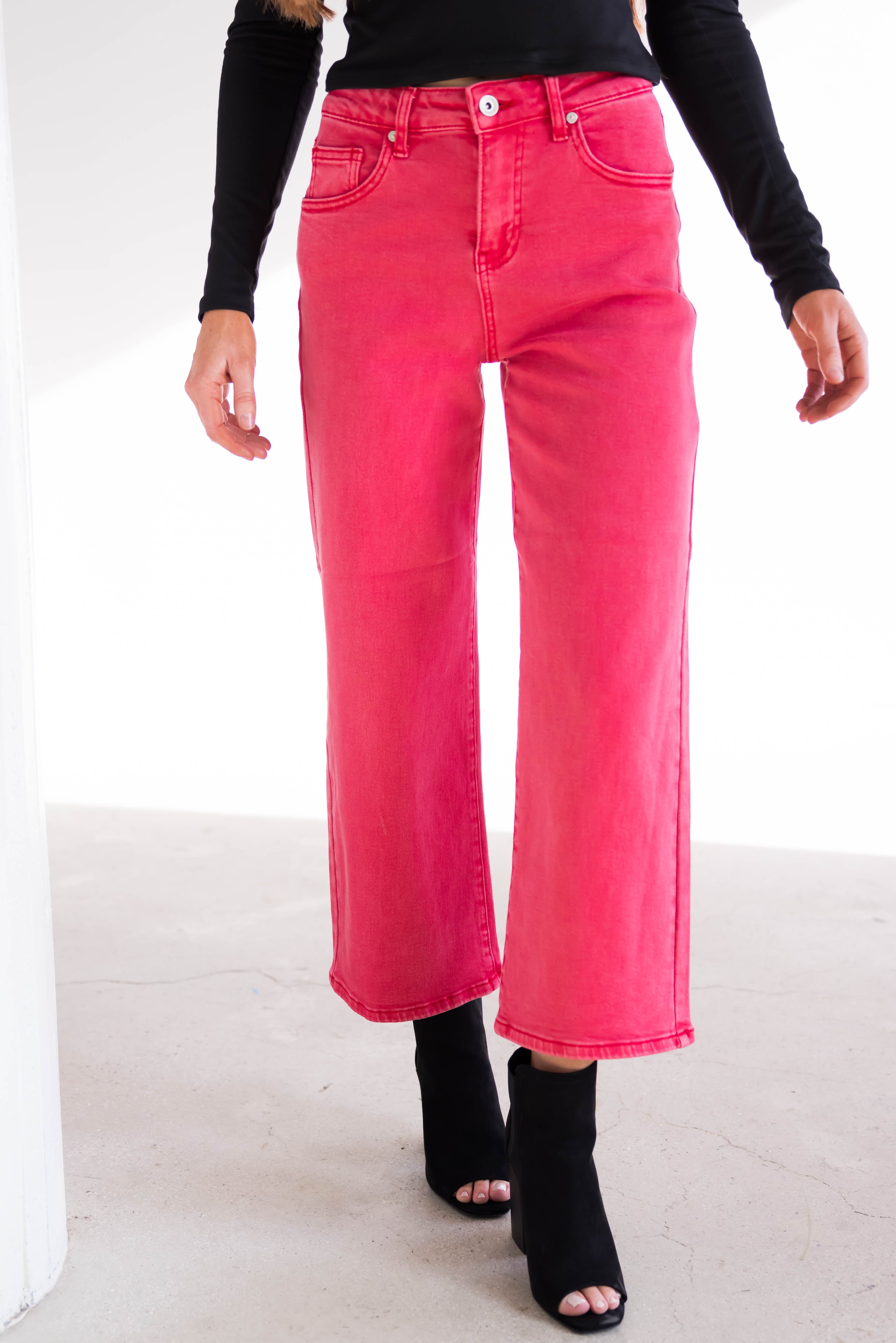 Hot Pink High Rise Super Wide Leg Jeans-Newayad