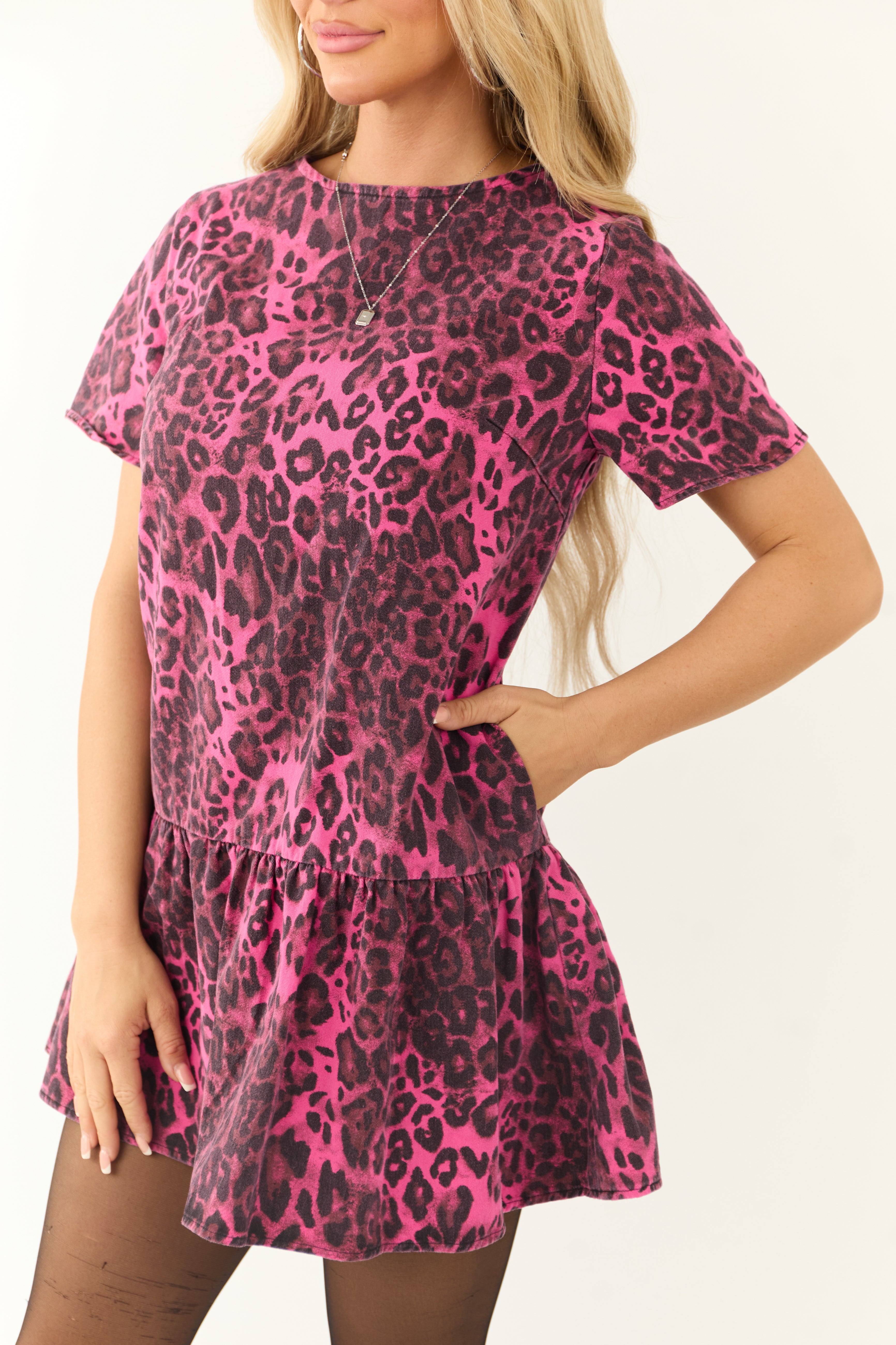 Hot Pink Leopard Print Drop Waist Denim Short Dress-Newayad