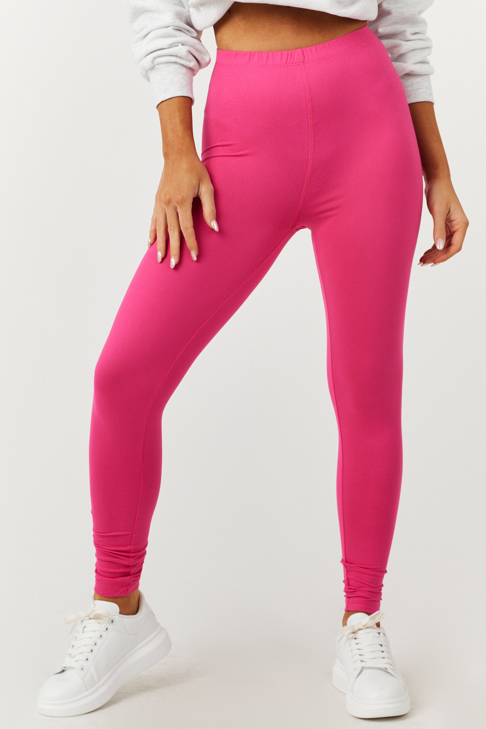 Hot Pink Microfiber Elastic Waist Leggings-Newayad