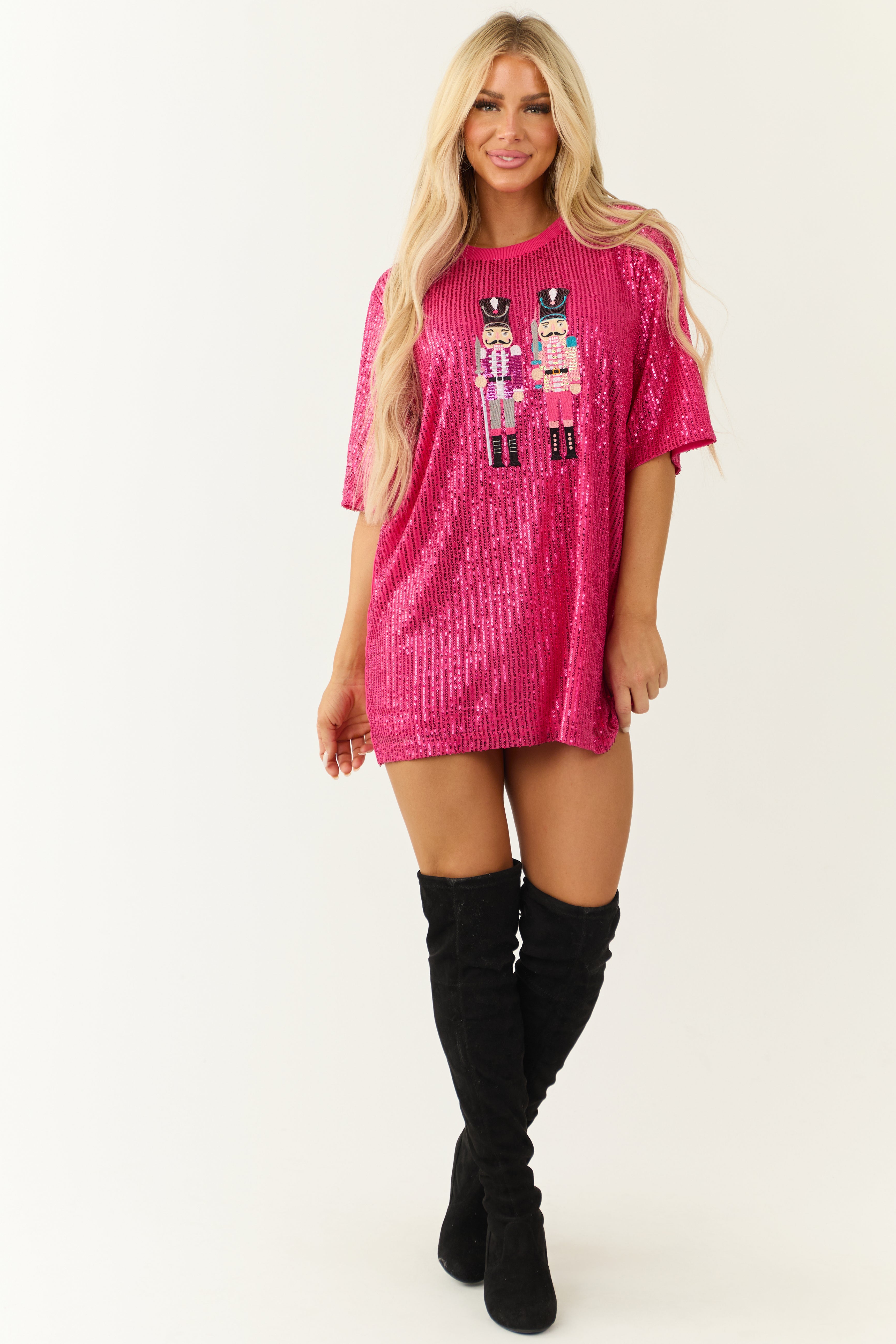 Hot Pink Nutcracker Sequin Tee Shirt Dress-Newayad