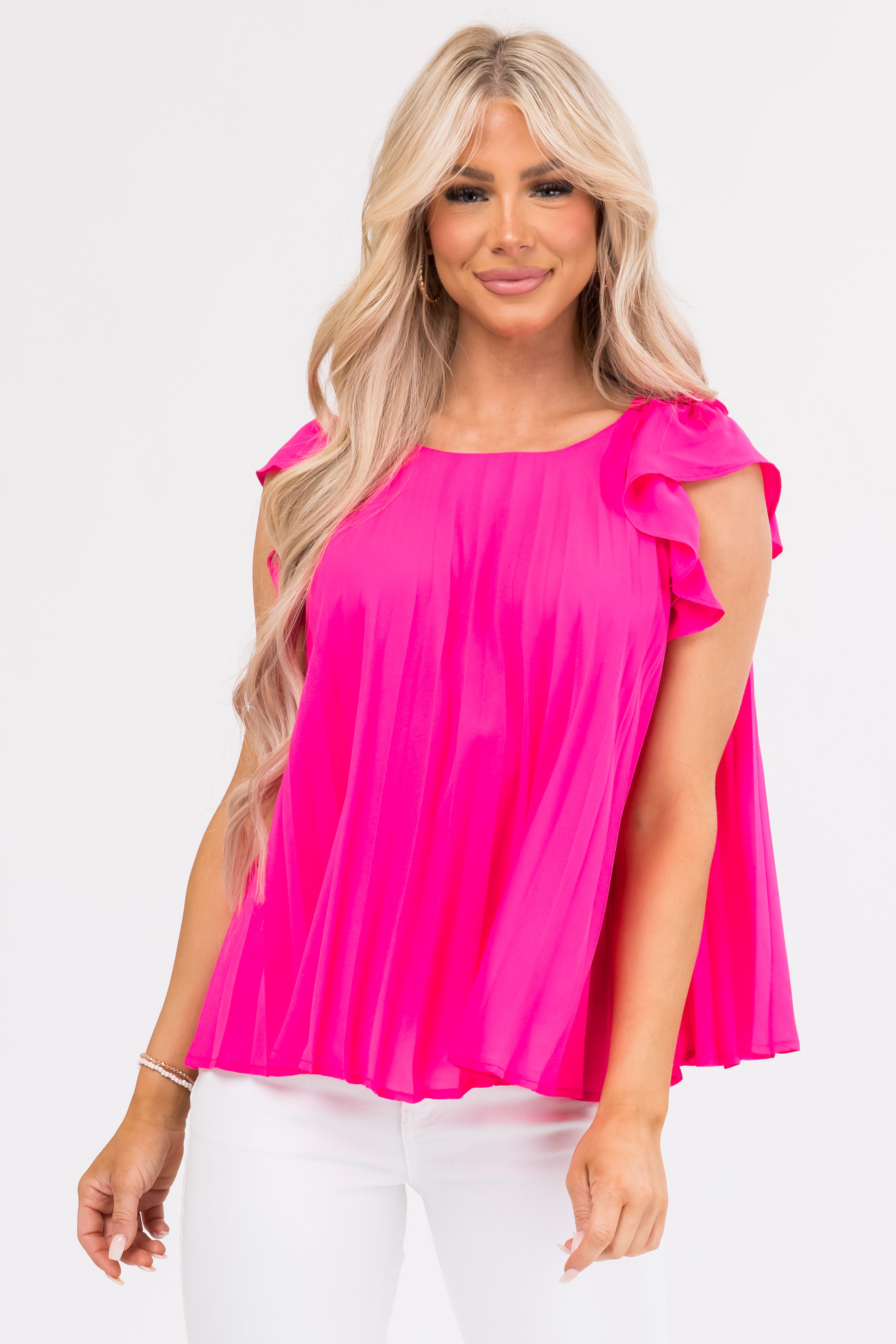 Hot Pink Pleated Ruffle Short Sleeve Woven Top-Newayad