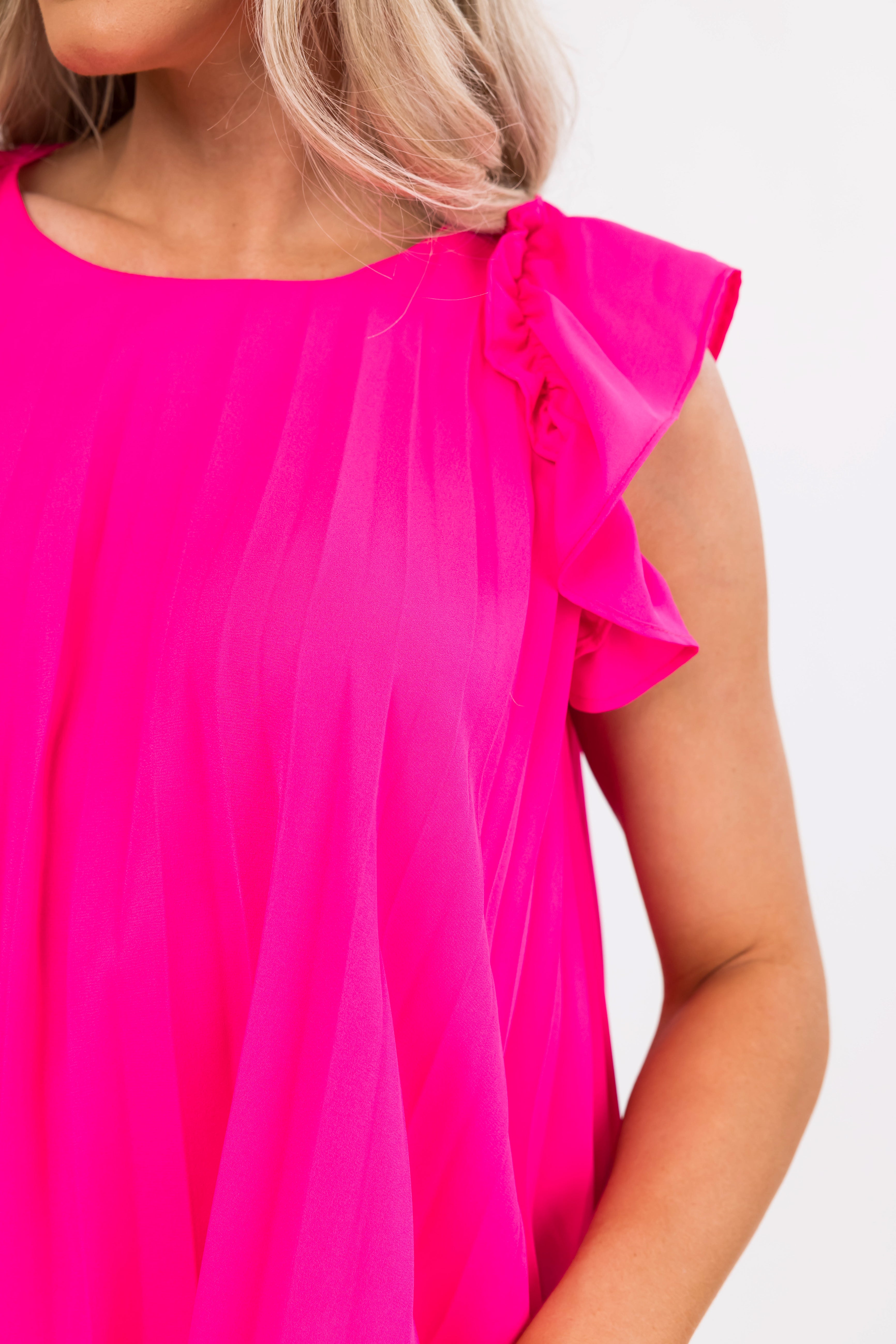 Hot Pink Pleated Ruffle Short Sleeve Woven Top-Newayad