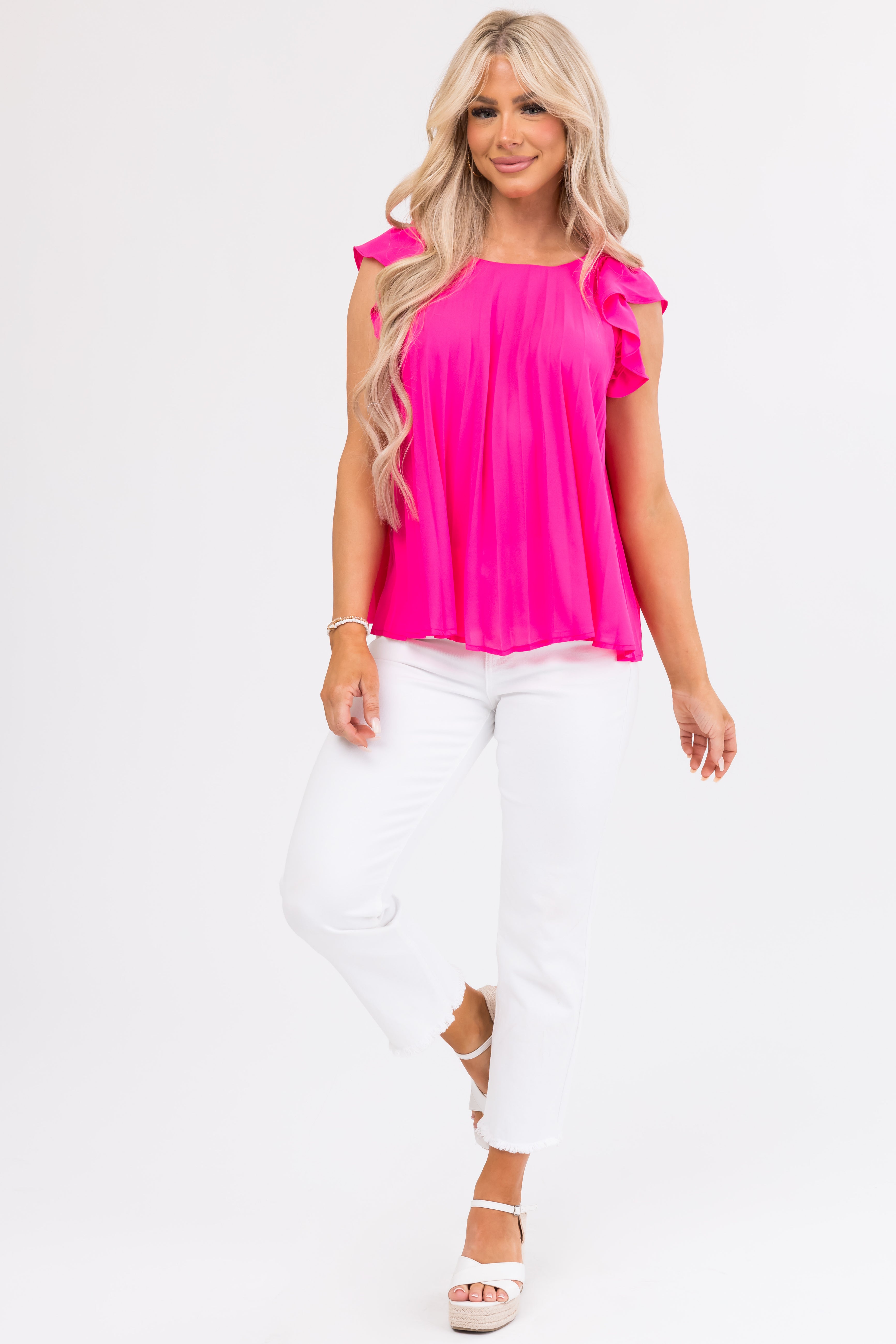 Hot Pink Pleated Ruffle Short Sleeve Woven Top-Newayad