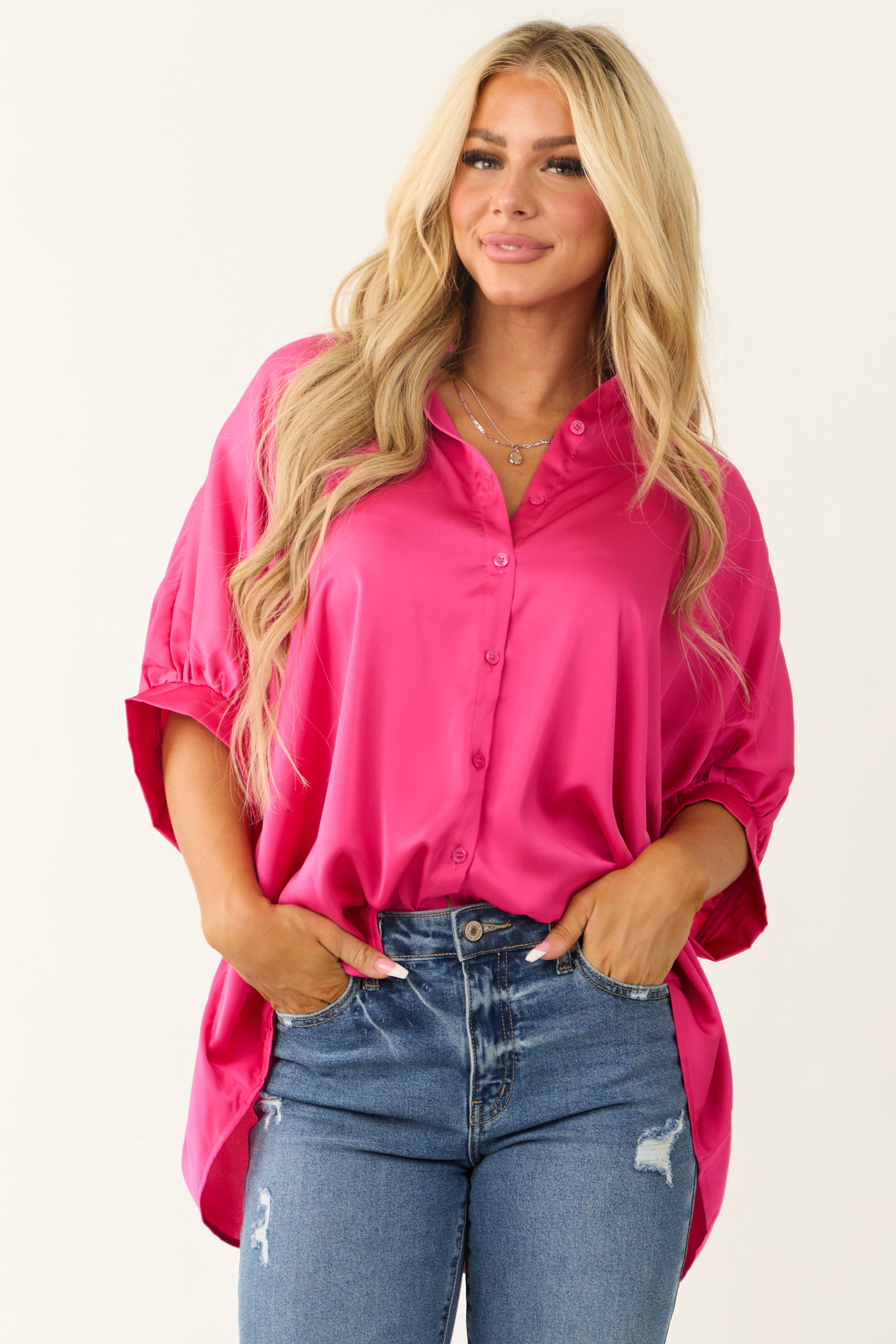 Hot Pink Satin Oversized Button Up Blouse-Newayad
