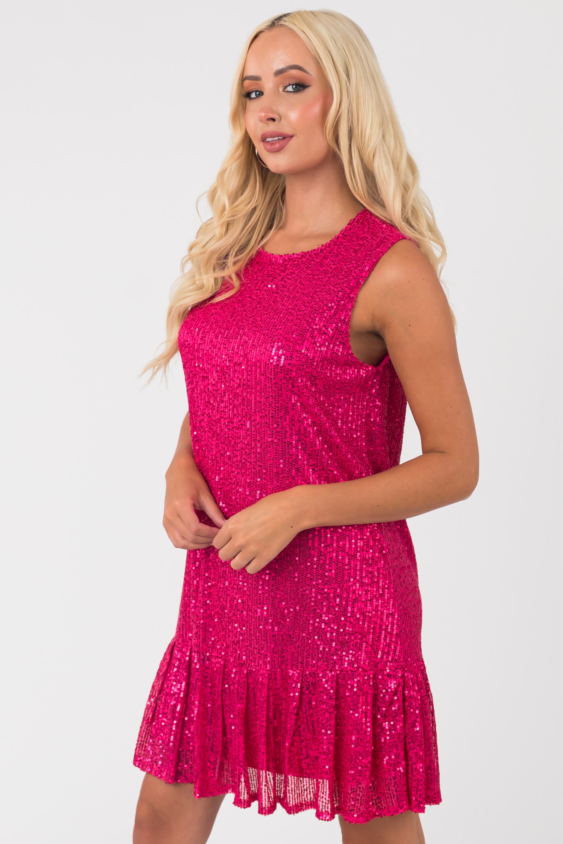 Hot Pink Sequin Ruffle Hem Sleeveless Dress-Newayad