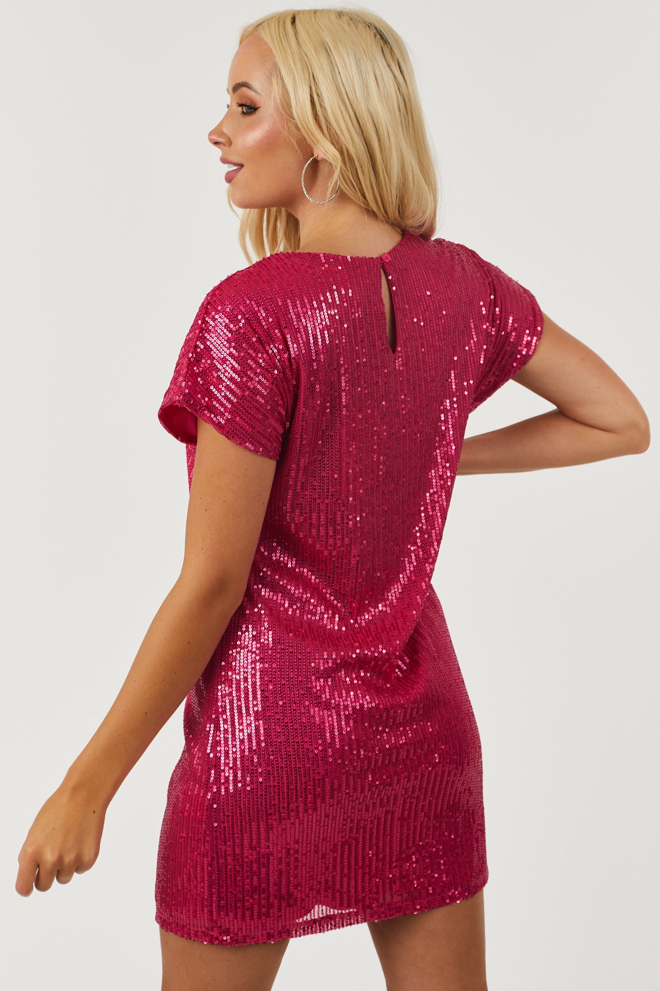 Hot Pink Short Sleeve Sequin Knit Mini Dress-Newayad