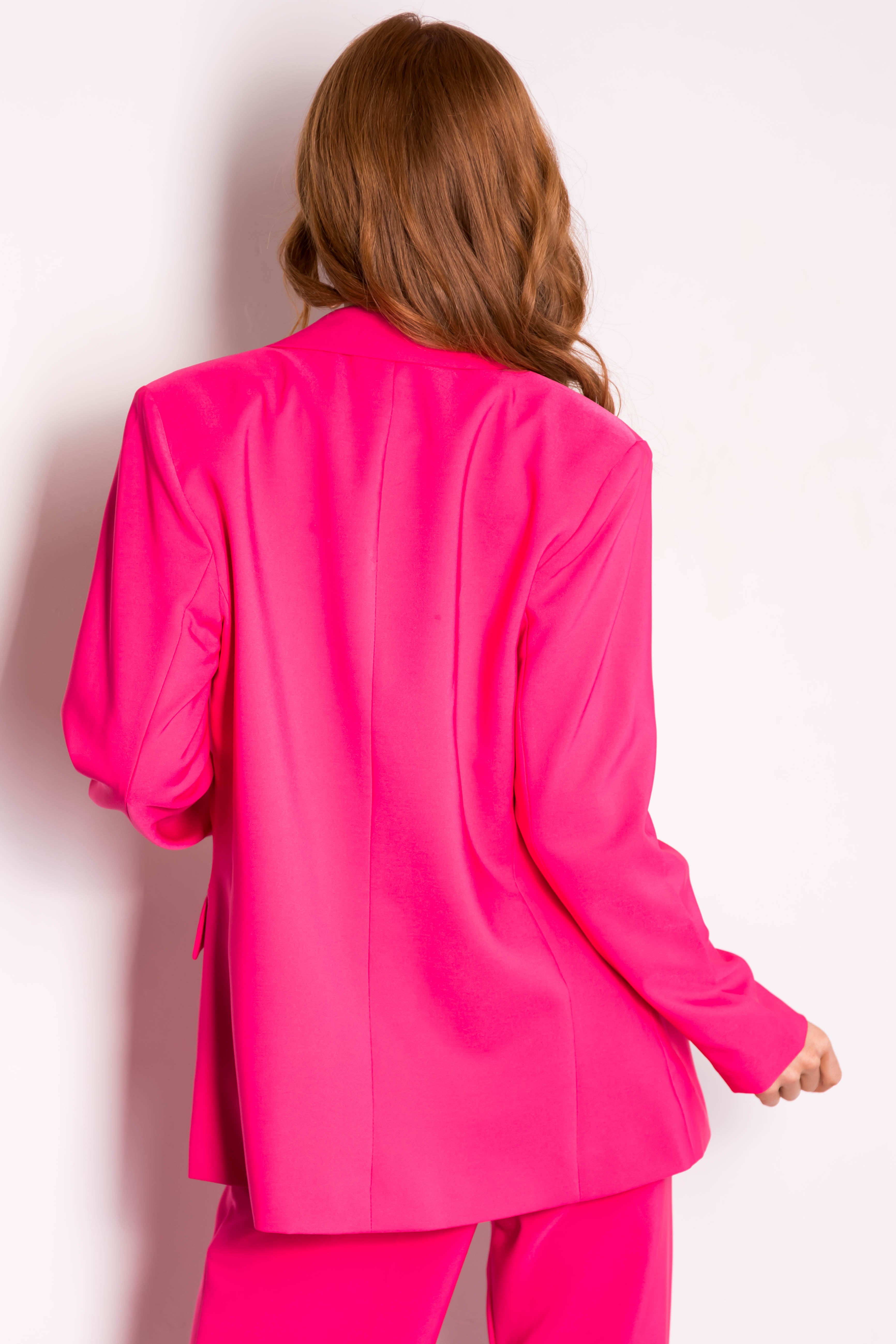 Hot Pink Solid Double Button Long Blazer-Newayad