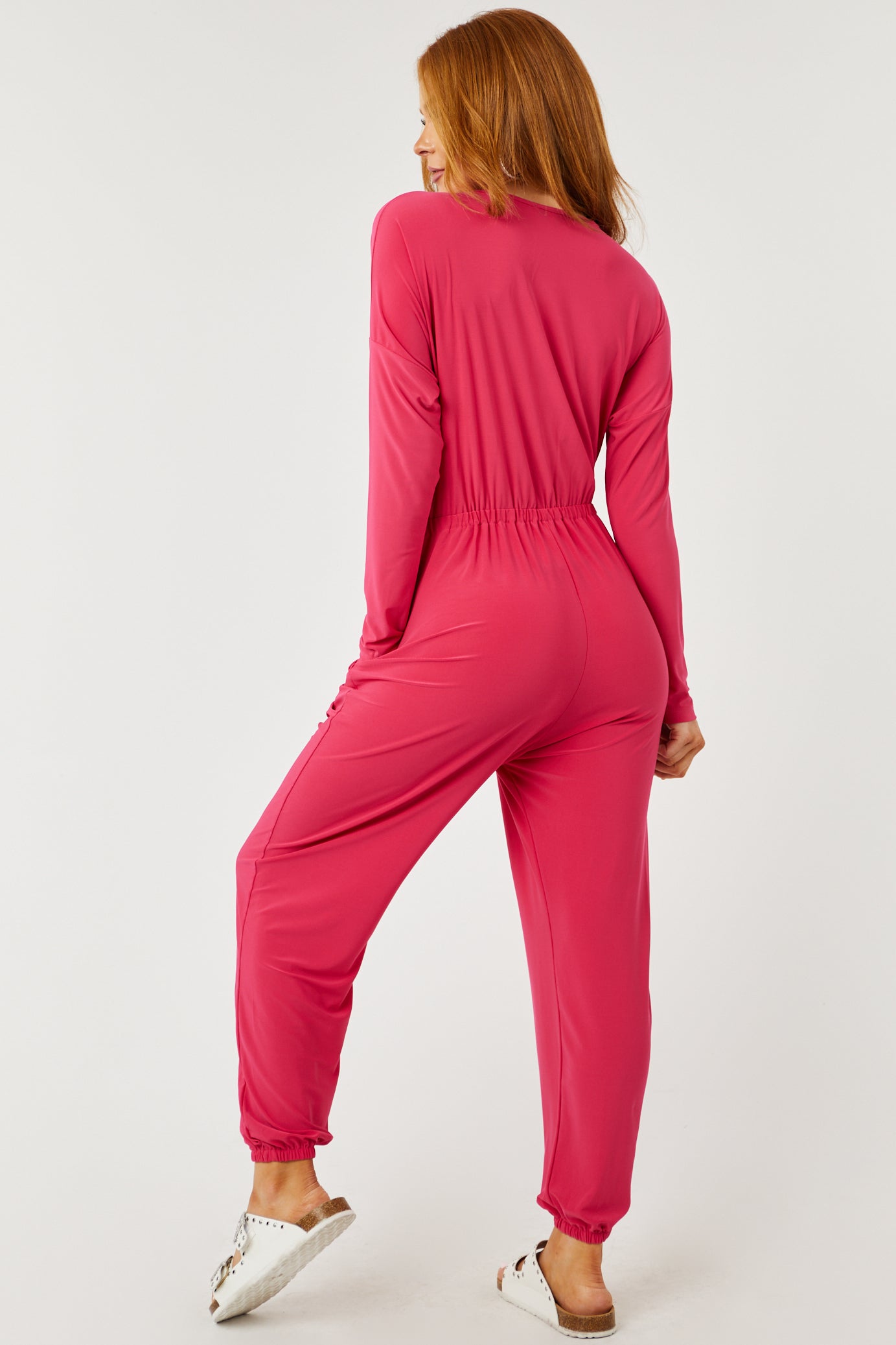 Hot Pink Surplice Long Sleeve Jogger Jumpsuit-Newayad