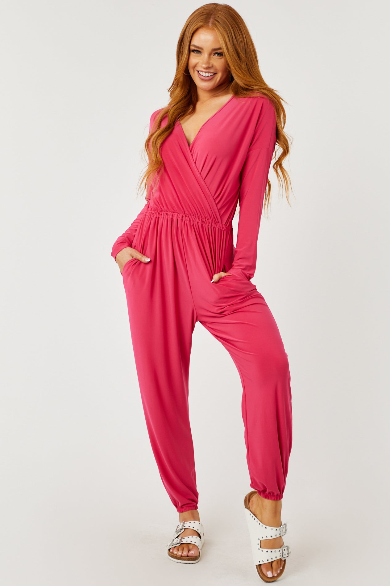 Hot Pink Surplice Long Sleeve Jogger Jumpsuit-Newayad
