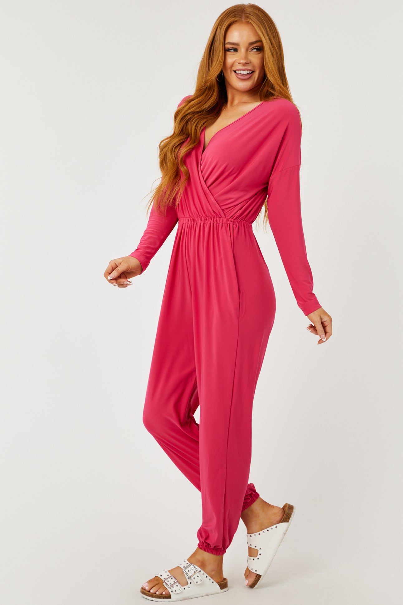 Hot Pink Surplice Long Sleeve Jogger Jumpsuit-Newayad
