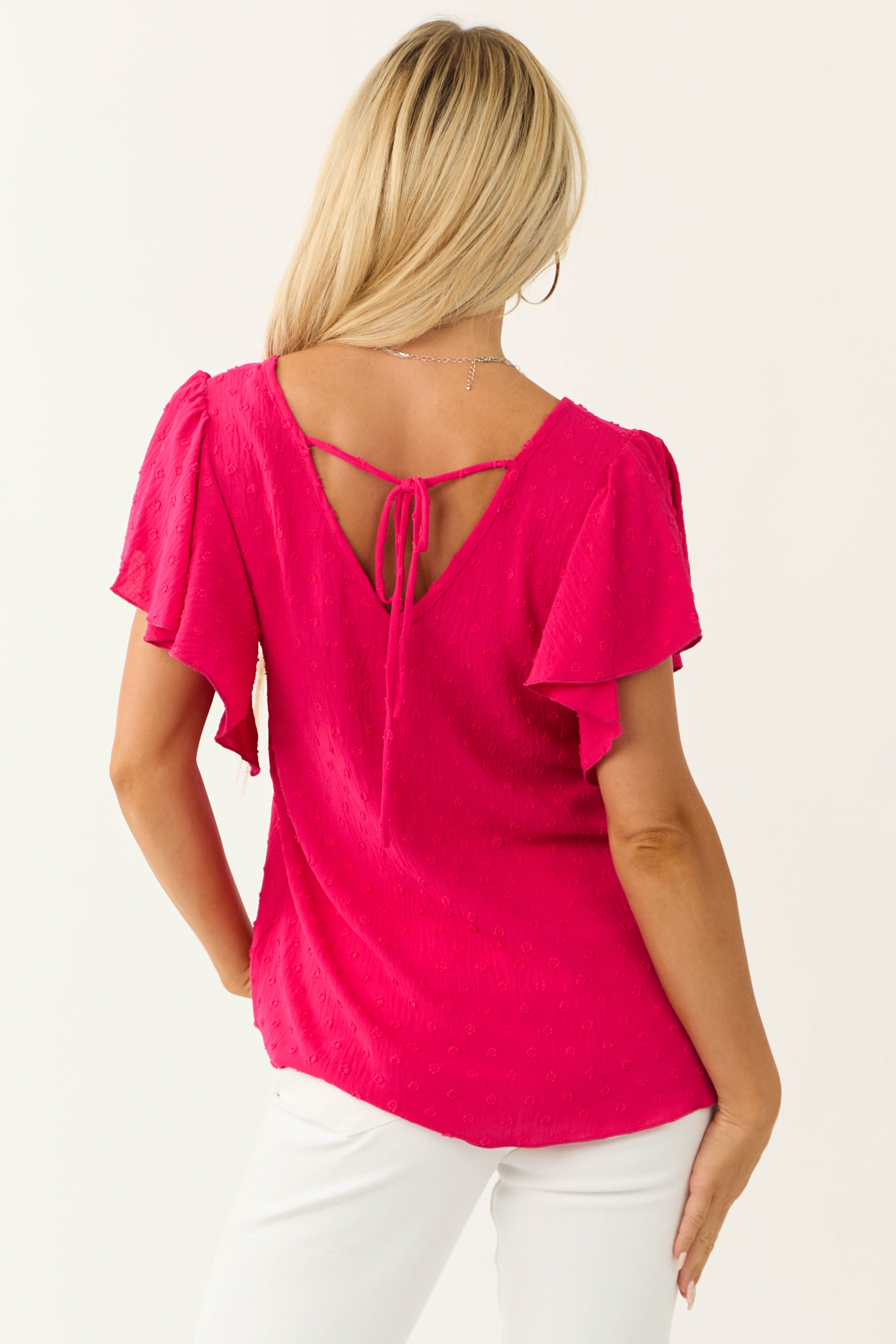Hot Pink Swiss Dot Tied Back Blouse-Newayad