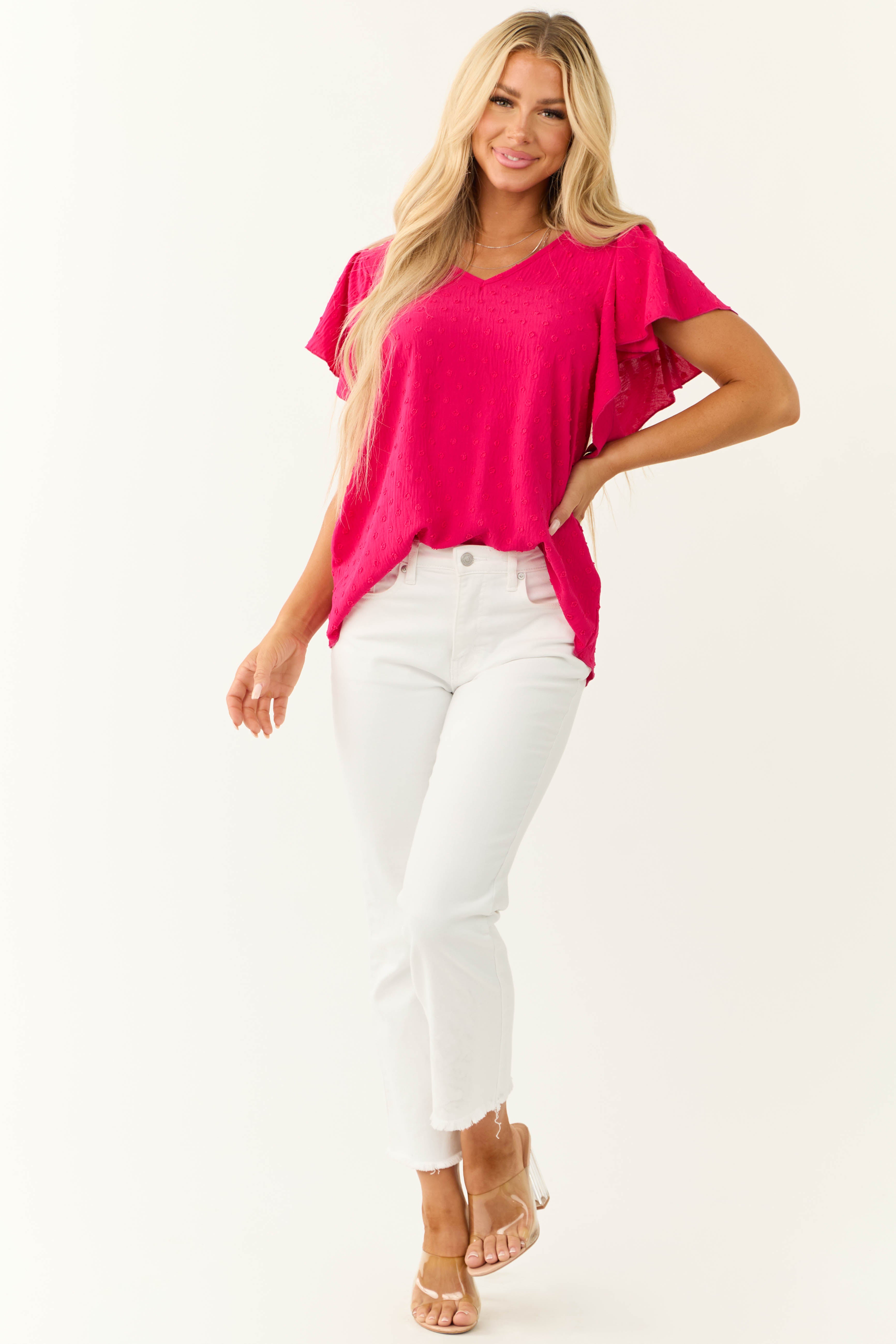 Hot Pink Swiss Dot Tied Back Blouse-Newayad