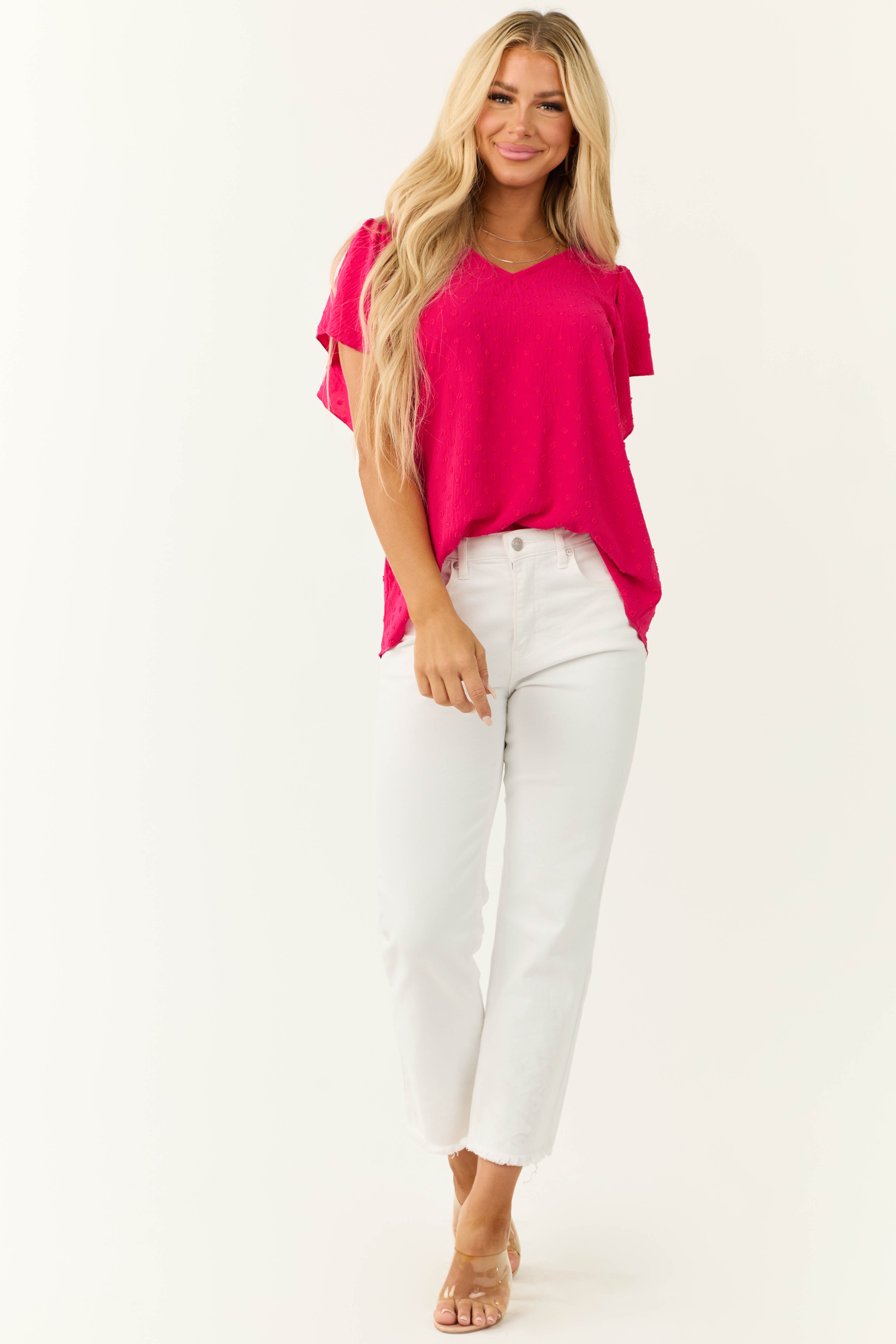 Hot Pink Swiss Dot Tied Back Blouse-Newayad