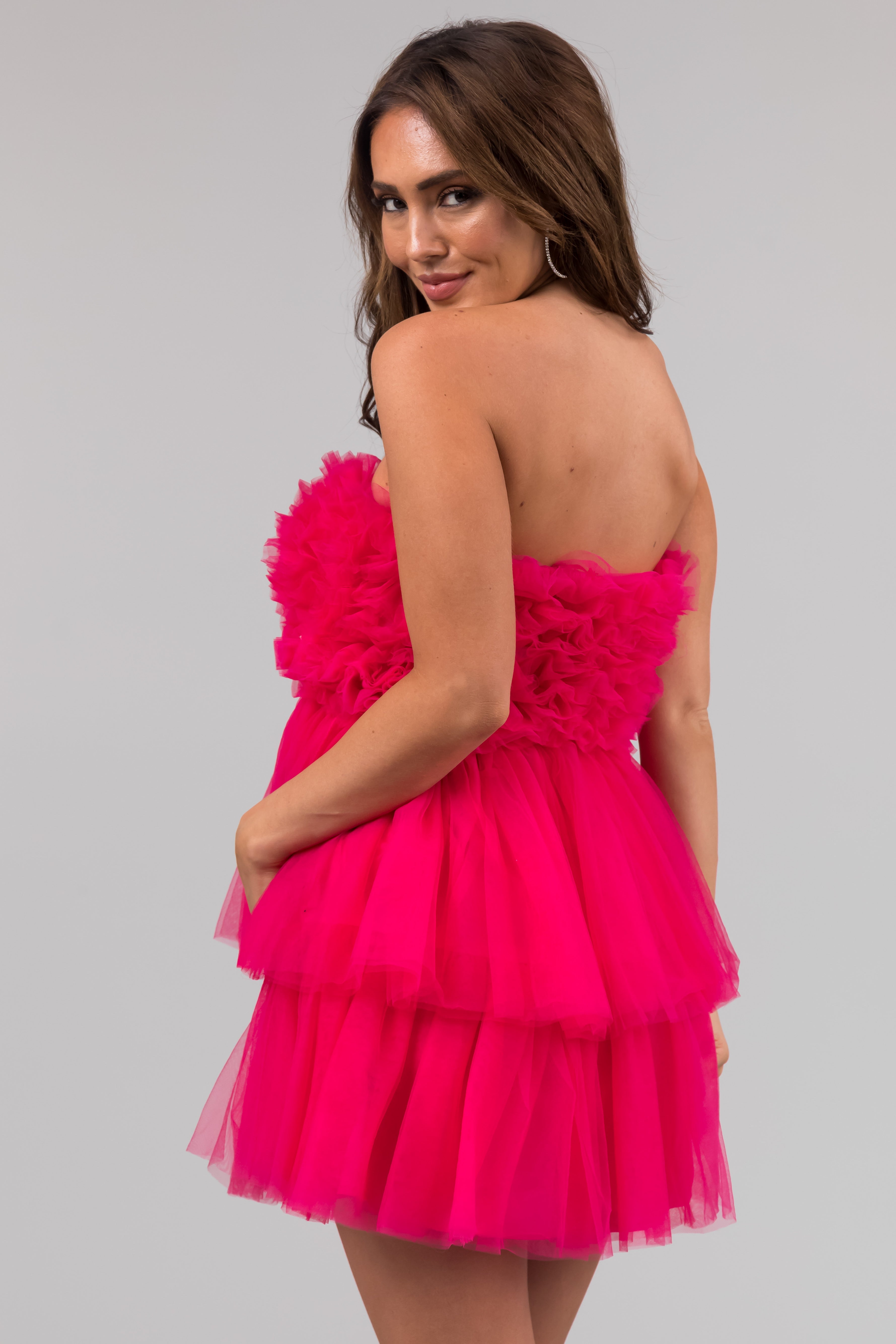 Hot Pink Tulle Strapless Ruffle Mini Dress-Newayad