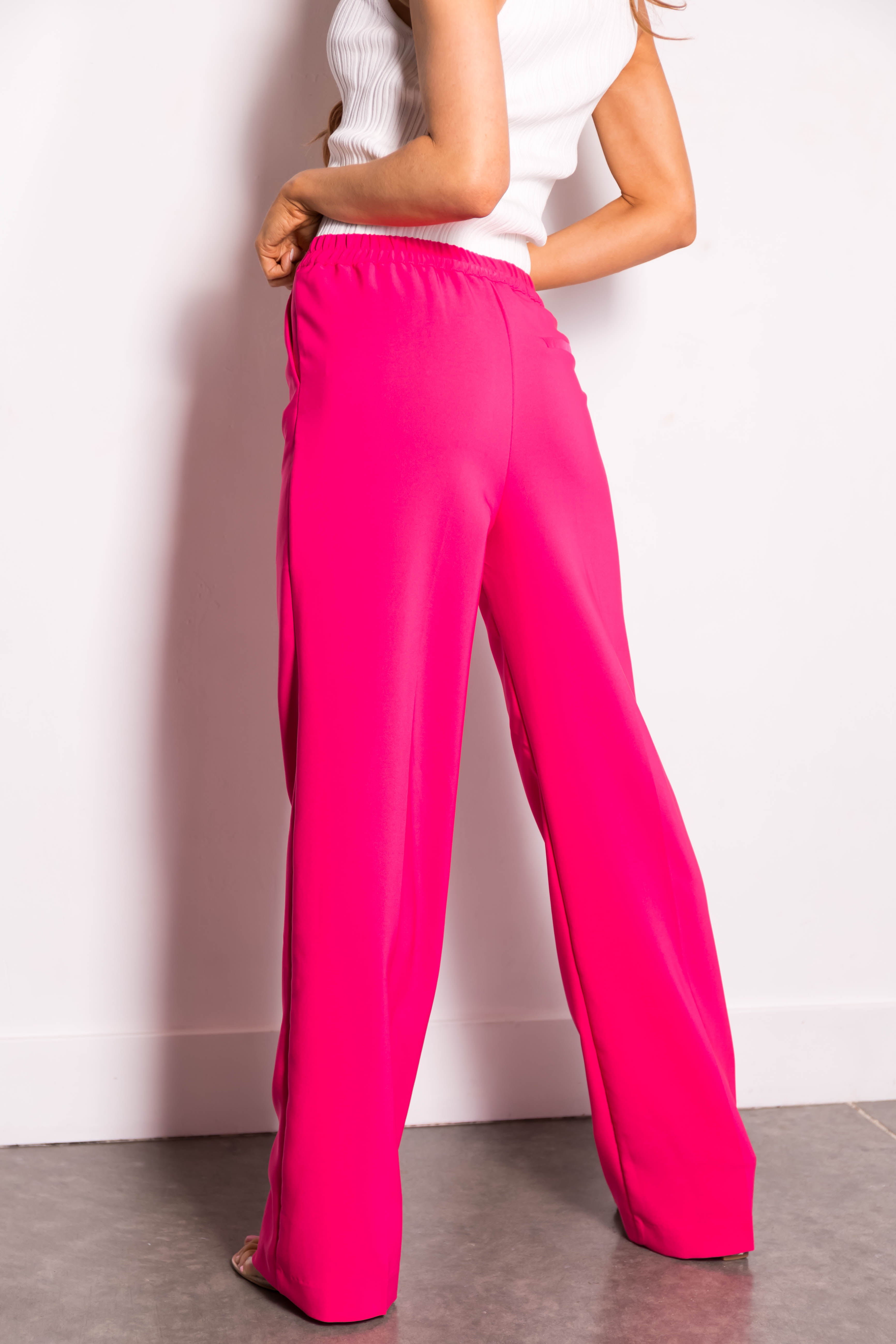 Hot Pink Wide Leg Elastic Waist Woven Pants-Newayad