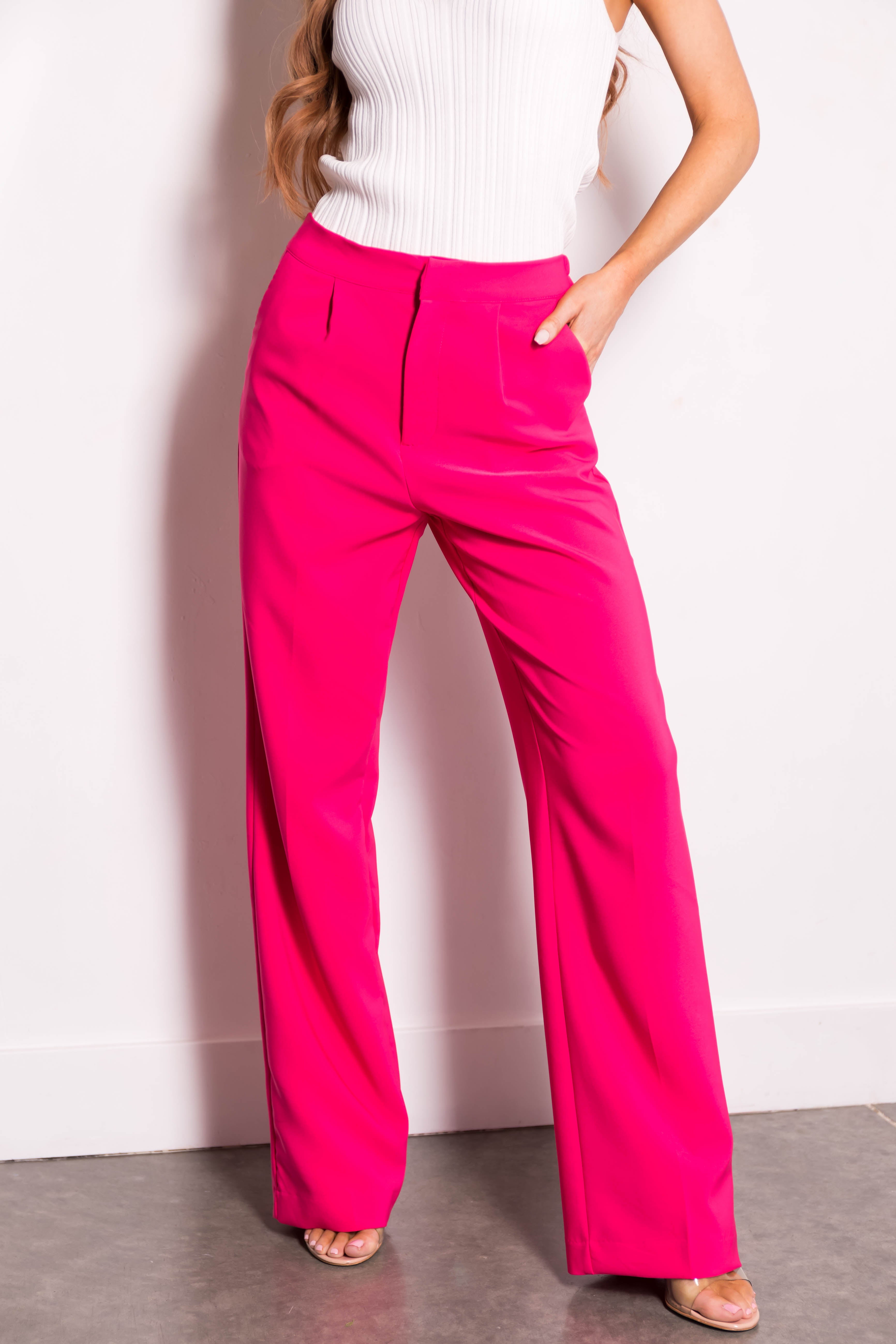Hot Pink Wide Leg Elastic Waist Woven Pants-Newayad