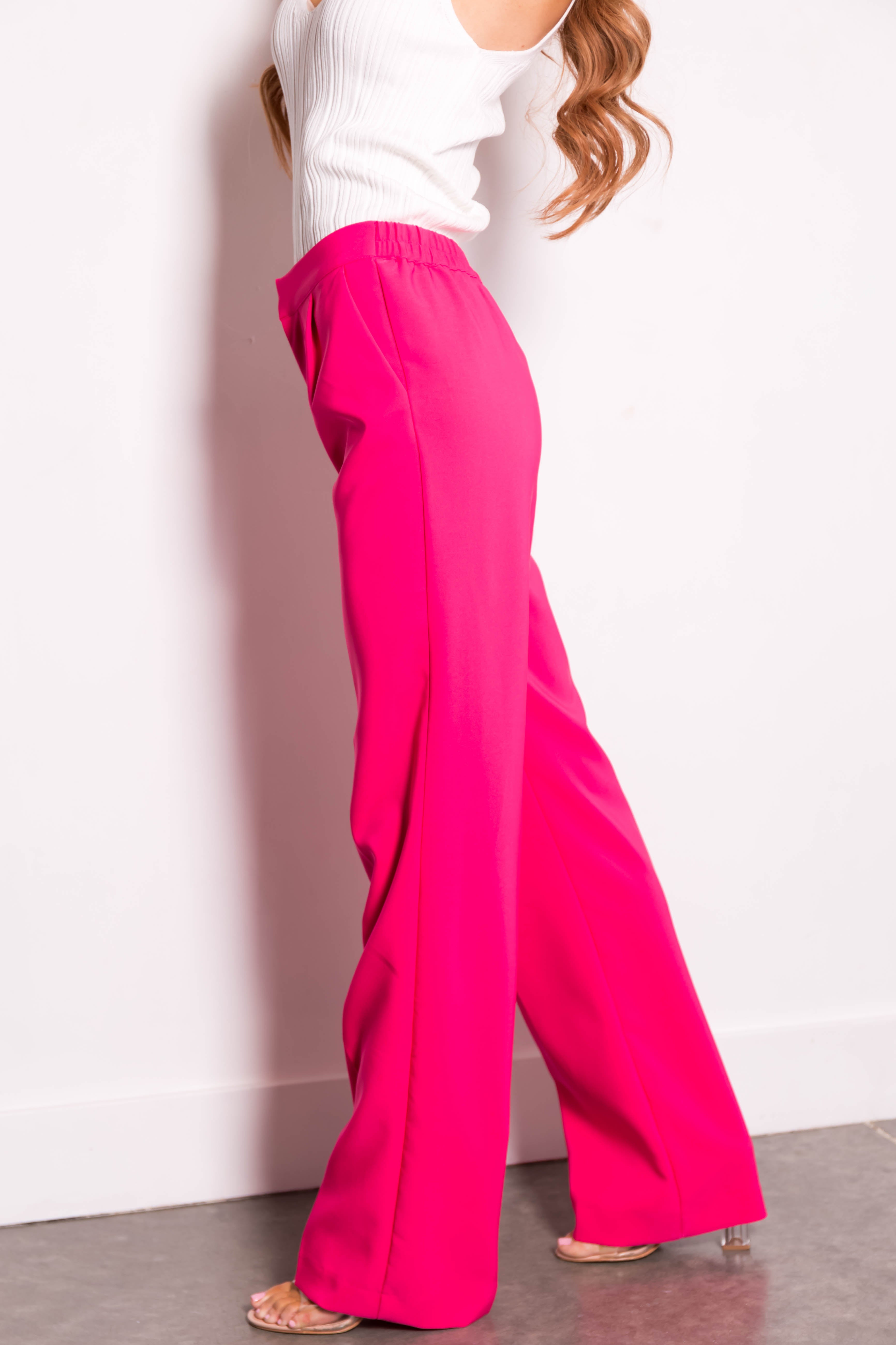 Hot Pink Wide Leg Elastic Waist Woven Pants-Newayad