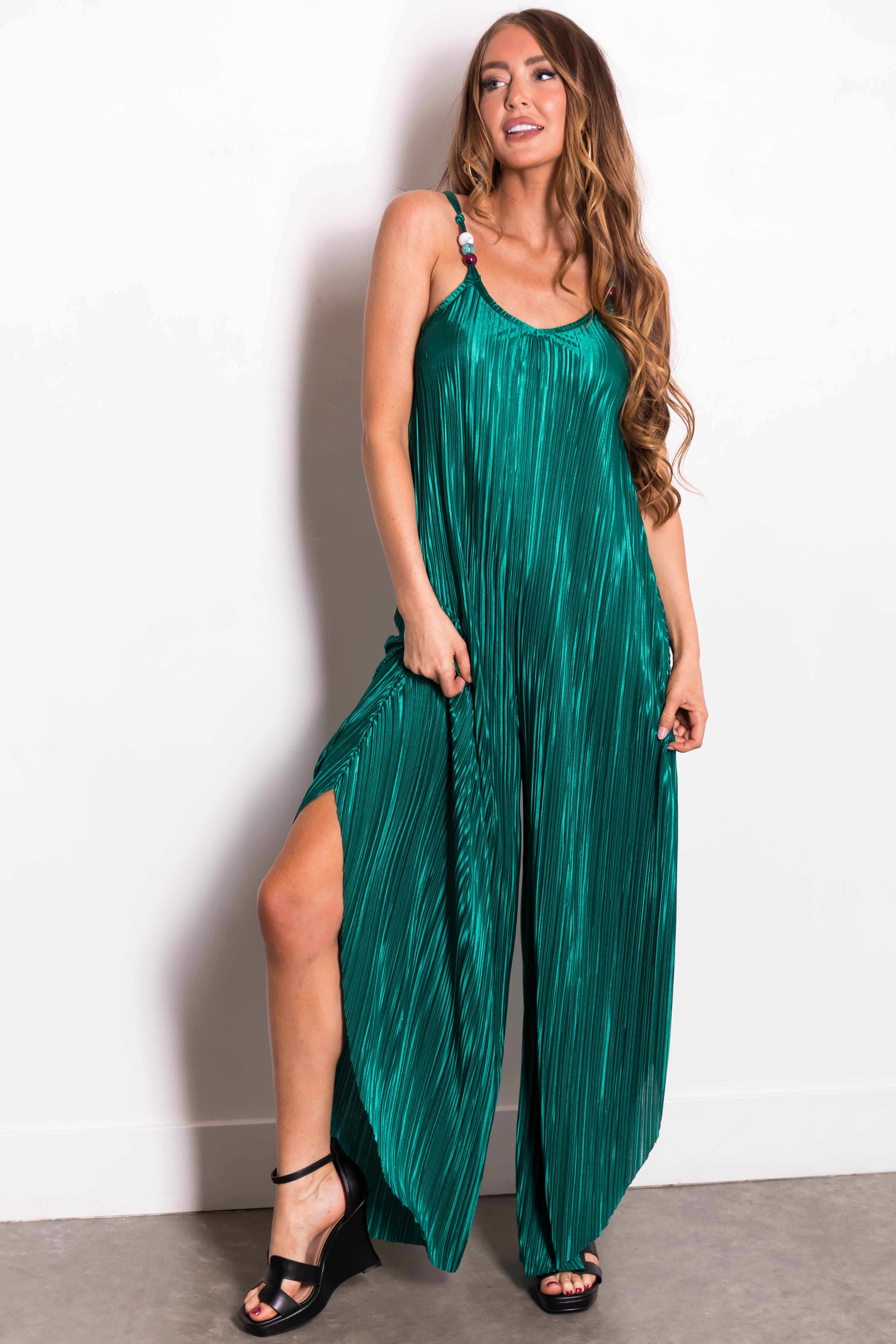 Hunter Green Plisse Flowy Jumpsuit-Newayad