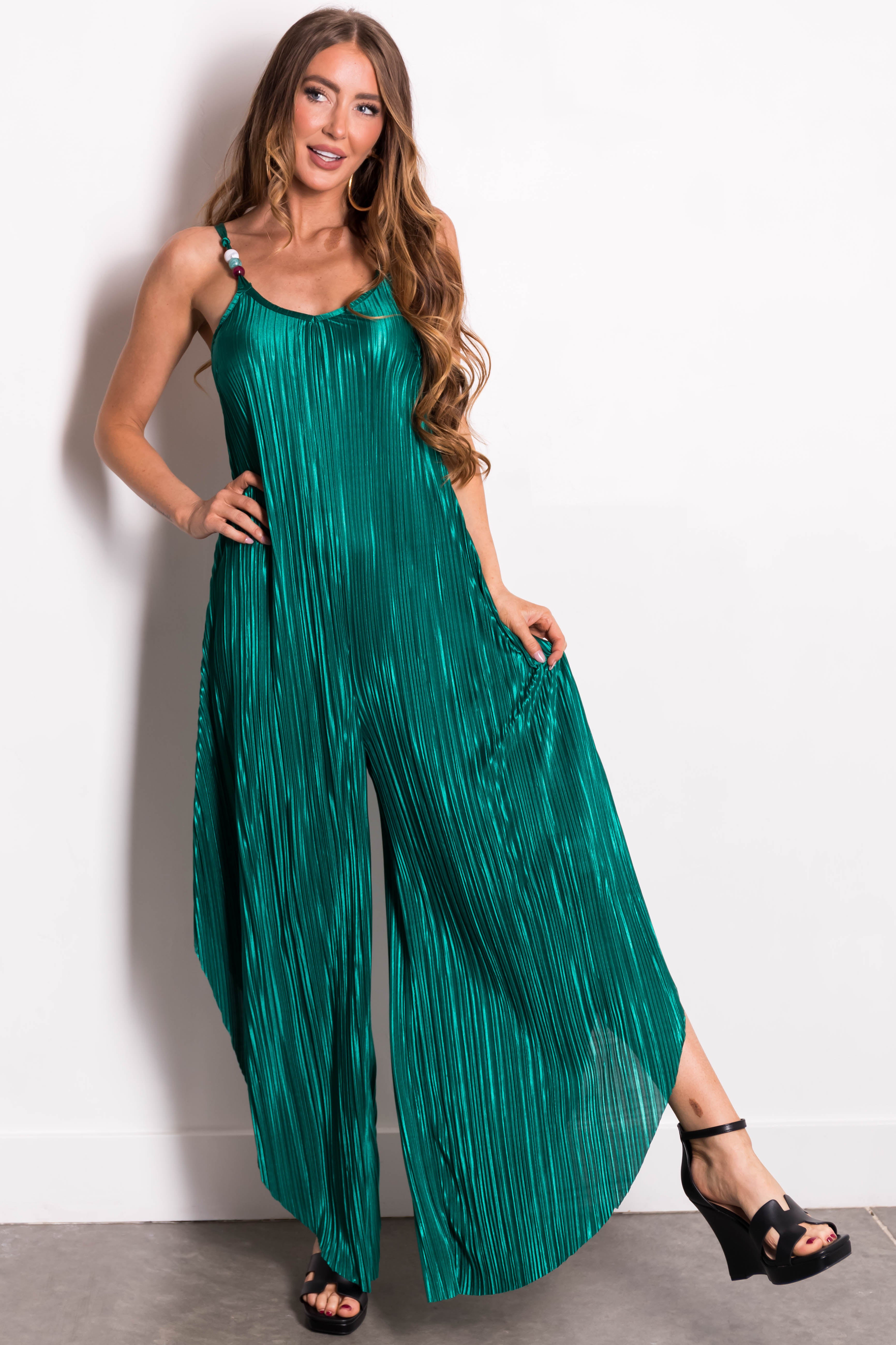 Hunter Green Plisse Flowy Jumpsuit-Newayad