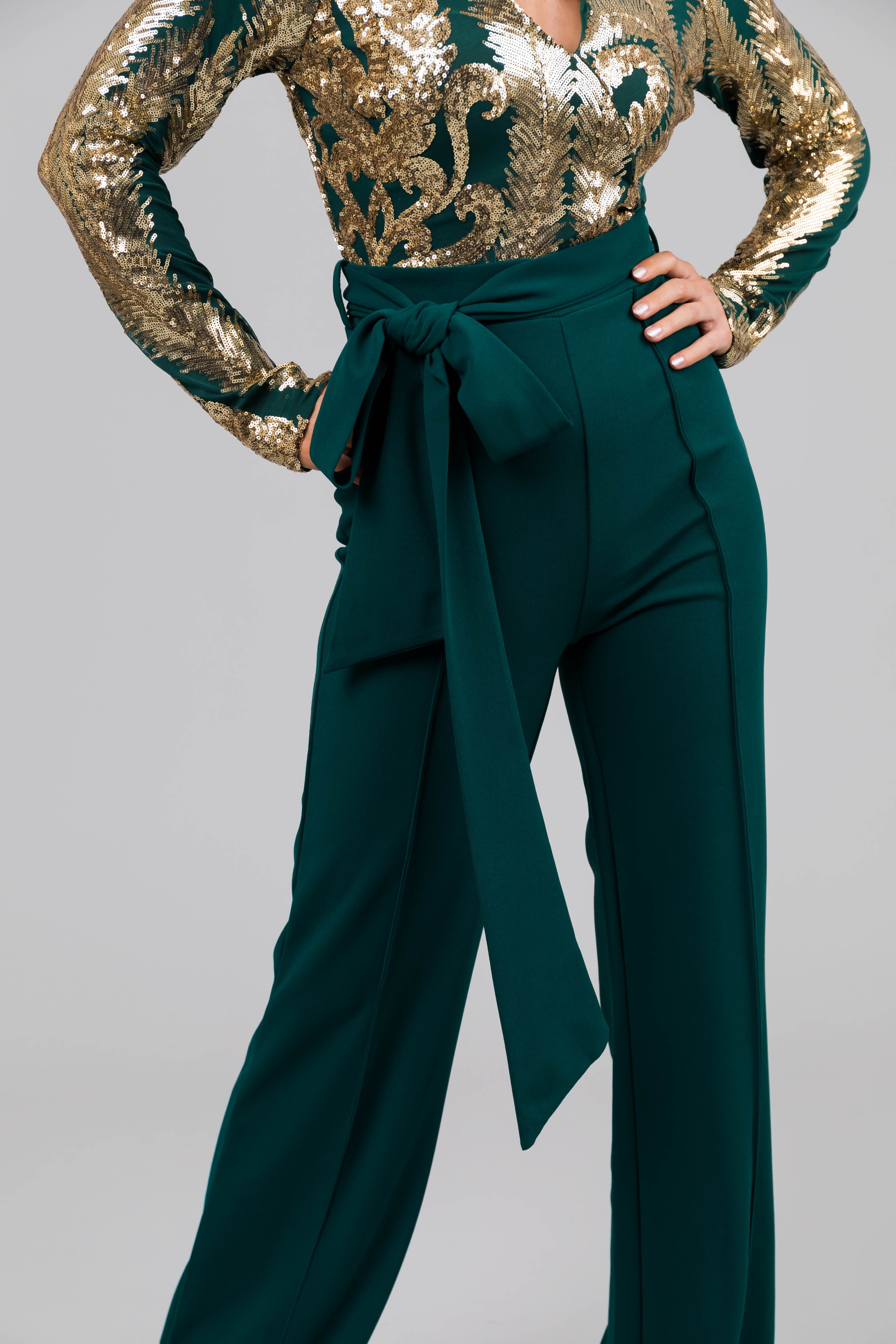 Hunter Green and Gold Sequin Print Jumpsuit-Newayad