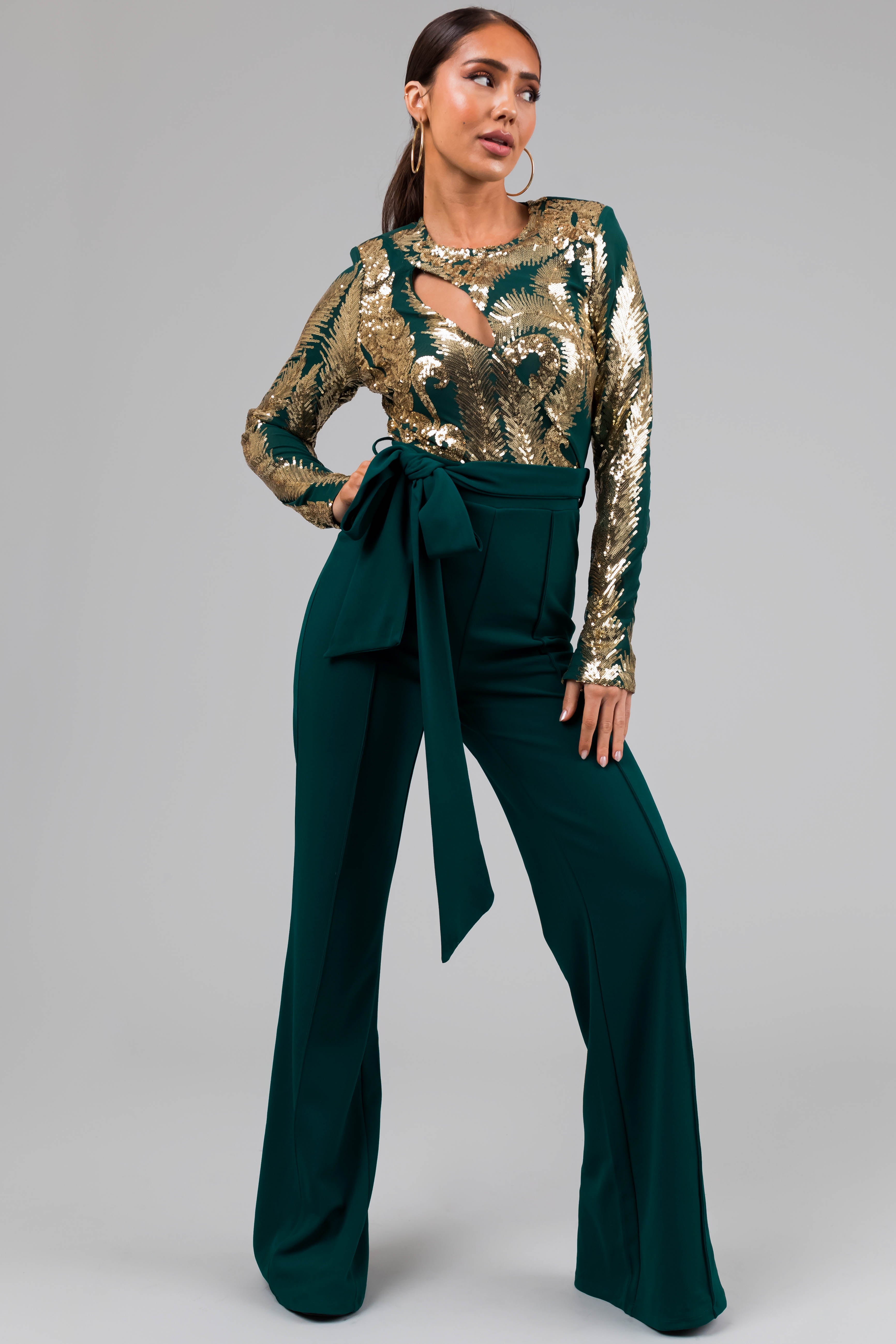 Hunter Green and Gold Sequin Print Jumpsuit-Newayad