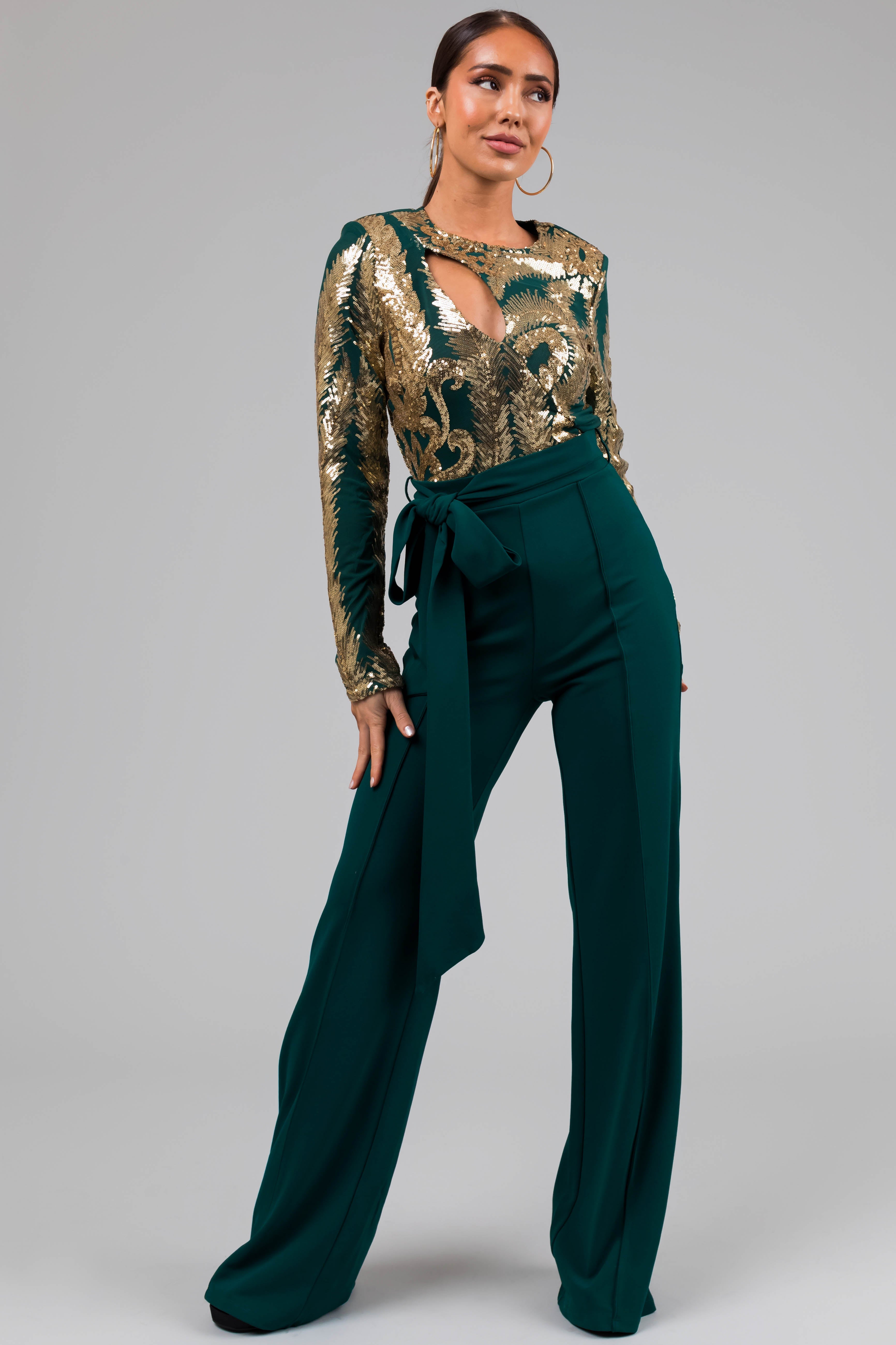 Hunter Green and Gold Sequin Print Jumpsuit-Newayad