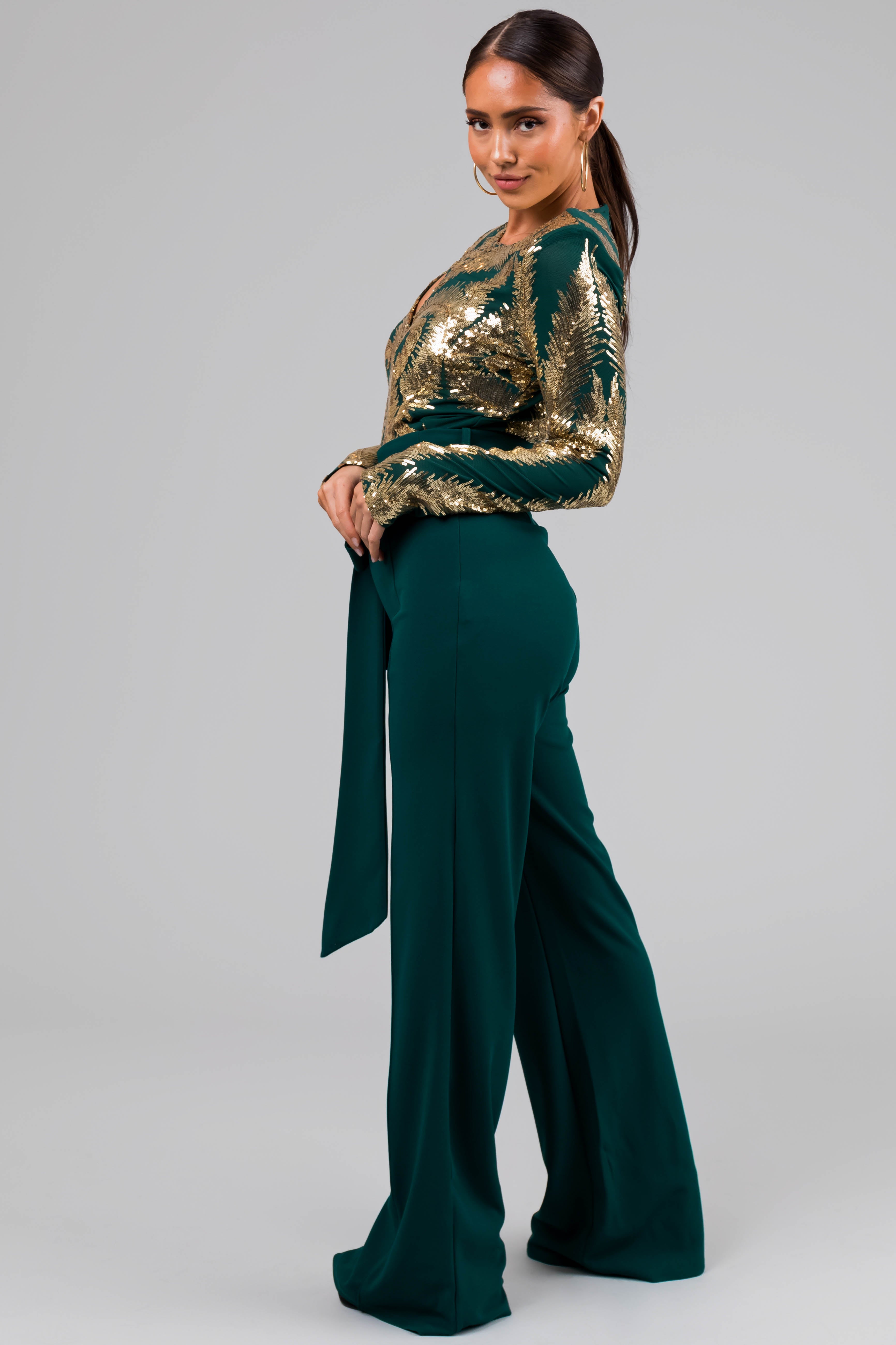 Hunter Green and Gold Sequin Print Jumpsuit-Newayad